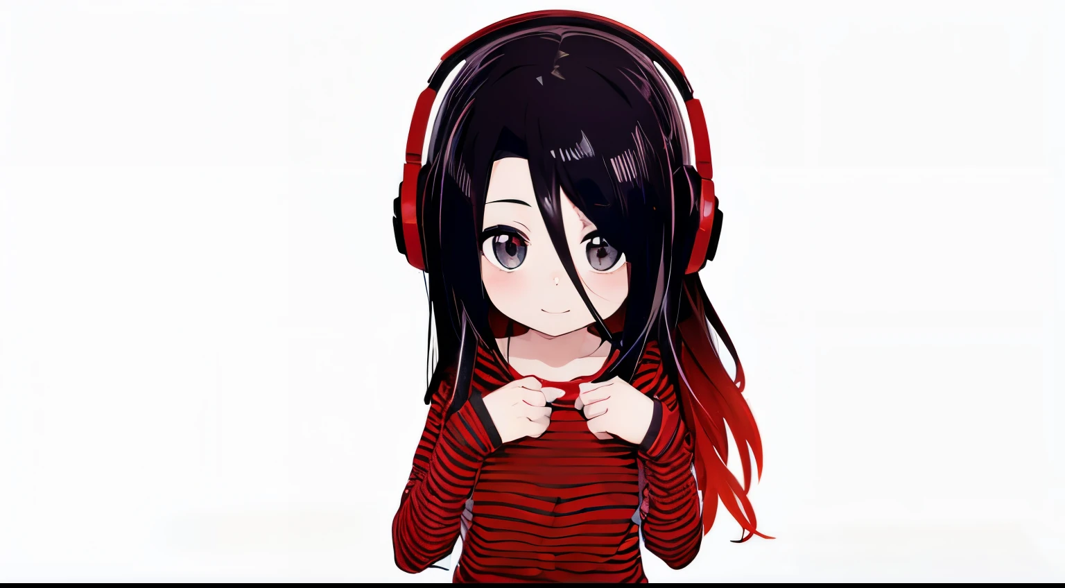 , grey eyes, black and red headphones, ombre hair, black hair, red hair, long hair, pale skin, looking at viewer, cute, shota, hands on own chest, black and red striped shirt, long sleeves, windy hair, light blush, smile, , long bangs, bsurdres, high res, ultrasharp, 8K, masterpiece,