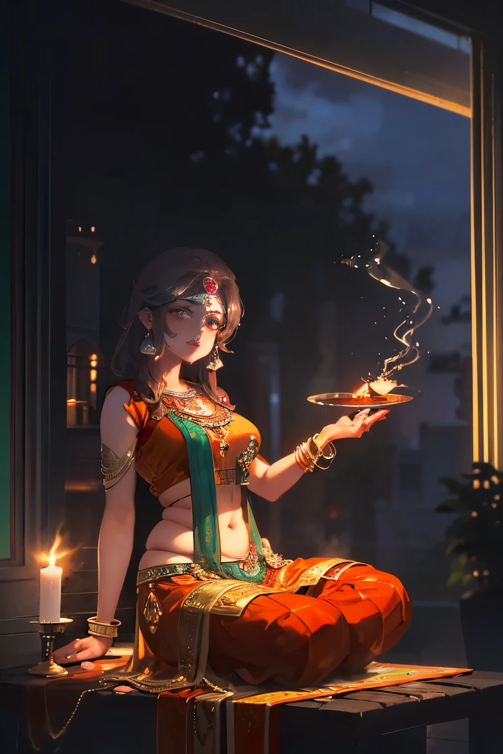 ((Young Desi girl, short and plump, long red-brown hair)), (tight sheer orange skin suit), smokey eyeshadow, small breasts, detailed henna on hands and feet, (copious incense burning and candlelit atmosphere), modern Hindu Temple large glass sliding door revealing busy outdoor with tall potted cannabis sativa plants background