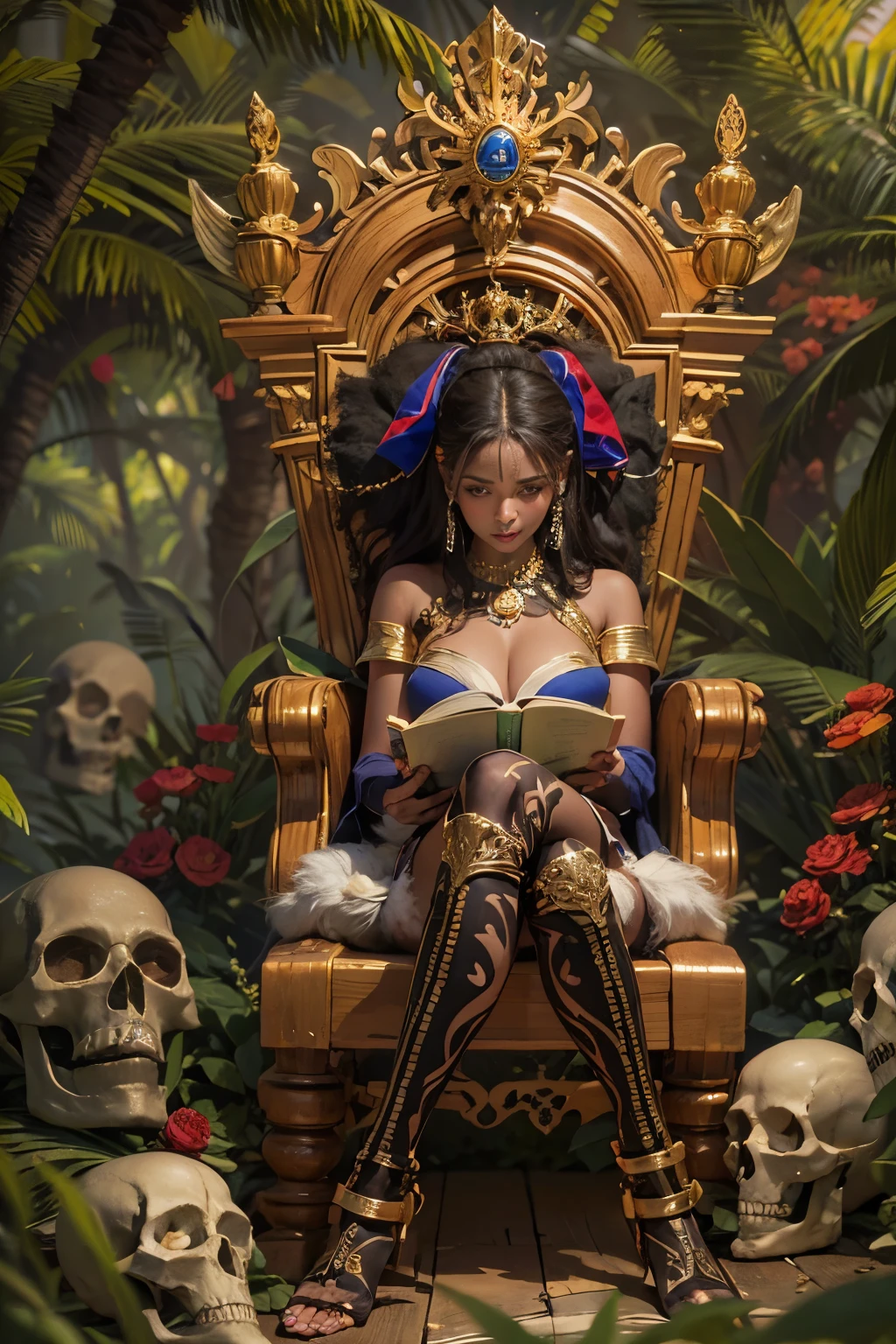 ((Benevolent ((dark-skinned Haitian)) MILF goddess)) sitting in an ((ornate skull-themed wooden throne)) with her (wearing cashmere stockings) while (reading a large ancient tome), ((hair tied up with Haitian flag)), mystic tattoos on arms and legs, (wearing golden bracelets and anklets), plump thighs, high quality photo, sitting in the middle of the (dense ripe mango tree forest) during golden hour, (Haitian flag draped over throne)