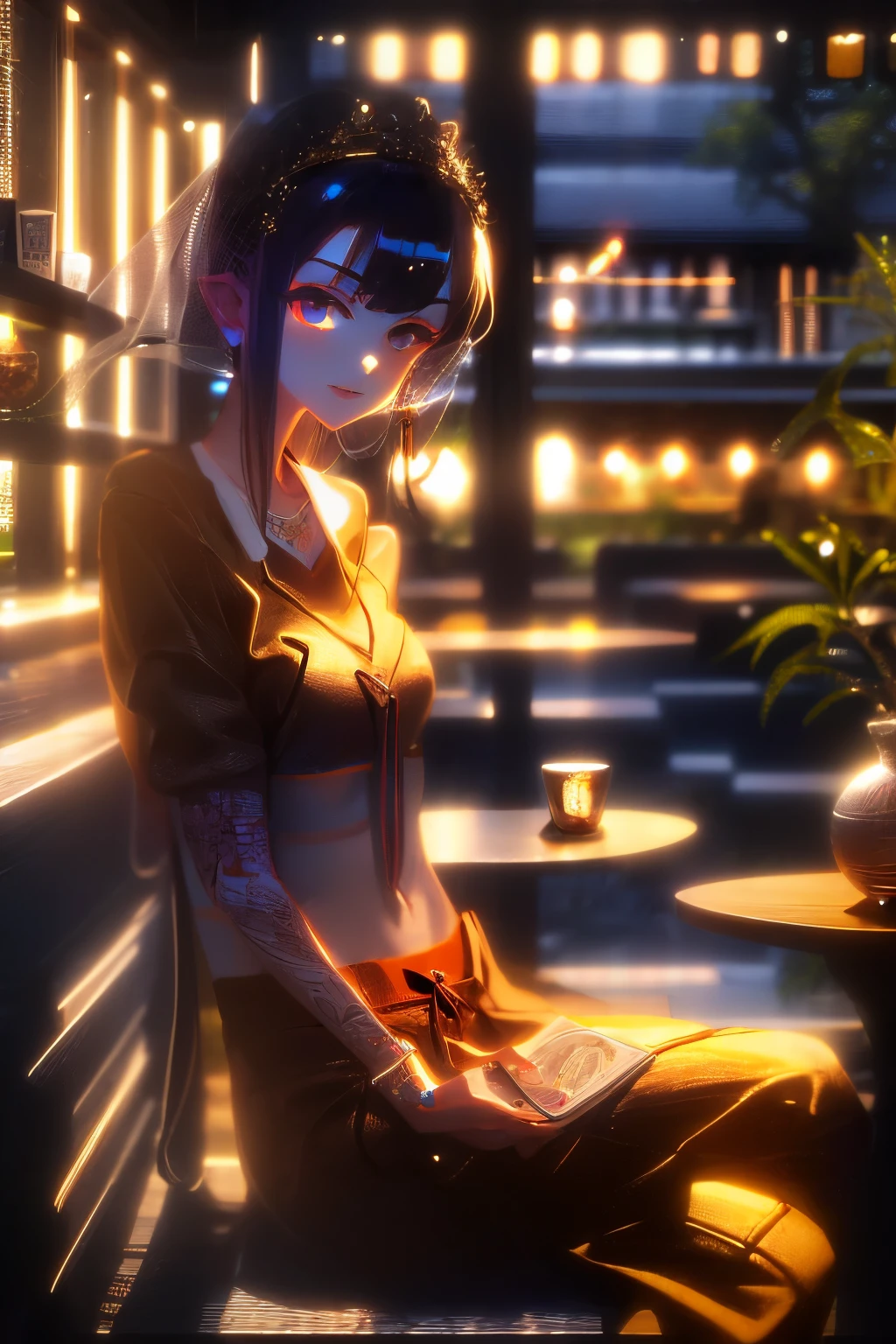 ((Benevolent voluptuous ((Laotian)) 18 yo female barista)) sitting at wooden table while intently reading, (wearing a trendy cropped streetwear hoodie), tattoos on arms and legs, wearing wooden bracelets, high quality photo, sitting in the middle of the quiet (dense cannabis sativa themed cafe) during golden hour