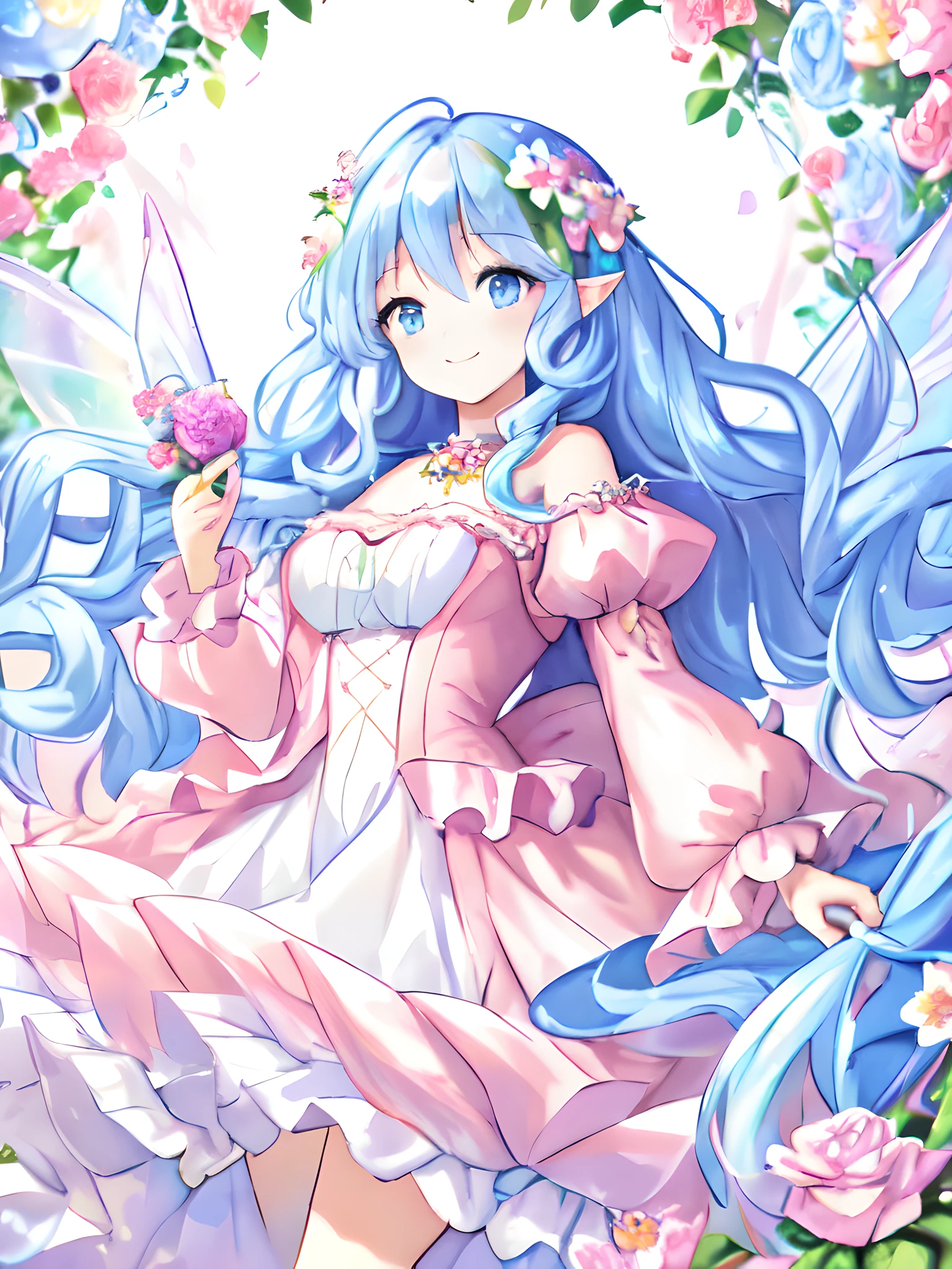 beautiful fairy girl in tiered colorful gradient ballgown dress, highest quality,masterpiece,16K or 8K,Super detailed,gradient glitter ,One piece with plenty of frills、 fairy princess、 giant white fairy wings、 Flowers and colorful plants, beautiful, masterpiece, highest quality、gradient hair, light blue hair, floating hair, wavy hair,fluffy hair、 very long hair, pastel wreath on head,Lavender colored eyes, long eyelashes, beautiful eyes、pointed ears, light smile, bright pupils, Long flowing colorful hair, beautiful顔,digital illustration, masterpiece,highest quality,High resolution,Super detailed, masterpiece, highest quality、(magical forest、flower garden)、natural makeup、smile with your mouth closed、floating in the air、dress studded with roses