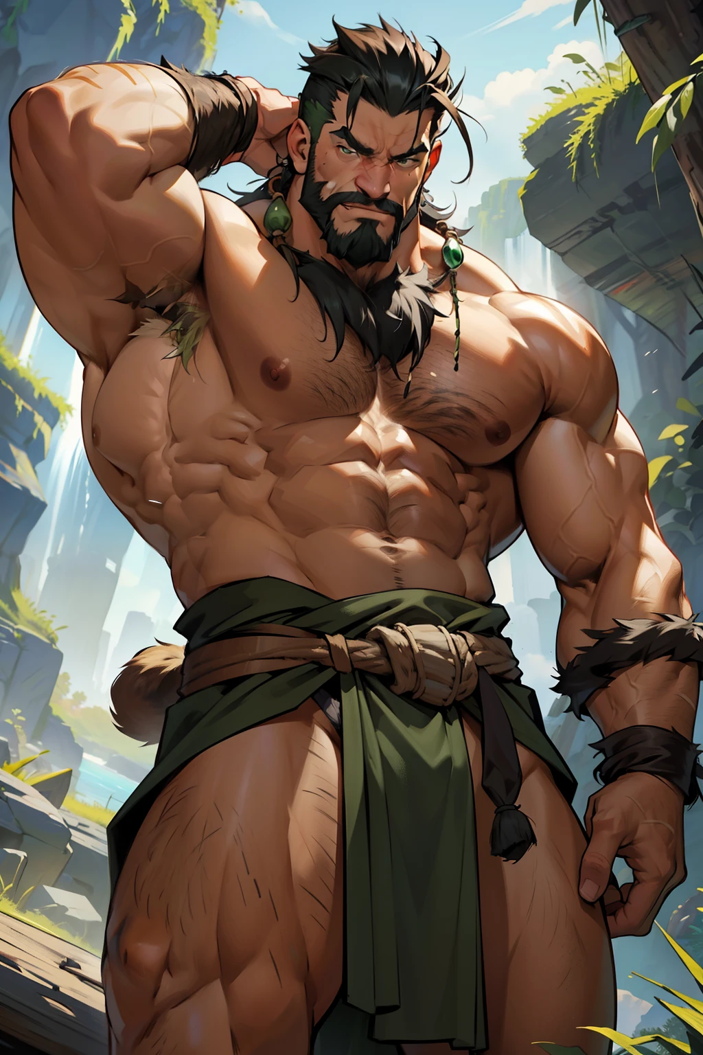 (Best Quality, 4k, 8K, high resolution, Masterpiece: 1.2), muscular giant, Kraven the Hunter, wearing a hunter green loincloth and animal pelt around his waist, furry hands reaching up to flex his massive bulging biceps, veins popping under the surface of his skin, powerful posture, determination etched onto his face.