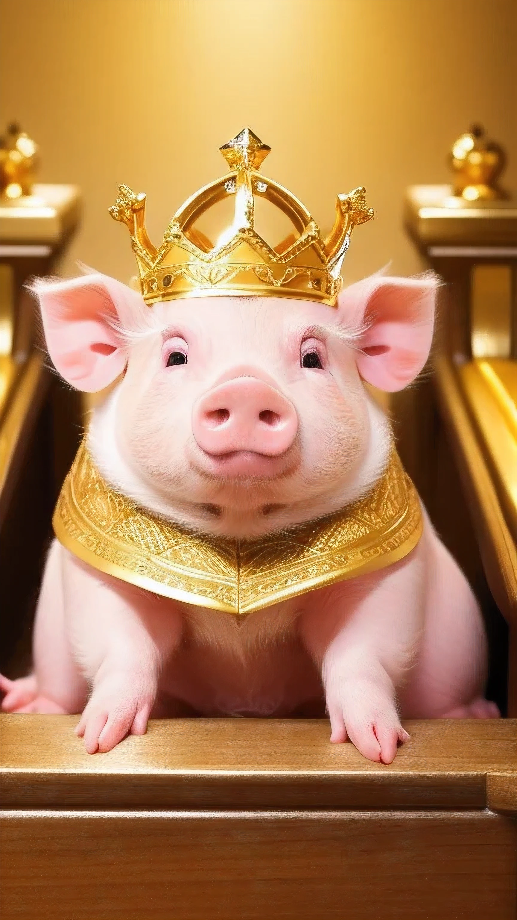 masterpiece, best quality, 8k, 4k, pig with a golden crown, Cute pig, ((front viewing)), ((front face)), look at the front, smile, cuty pig, golden clothes, golden color background, gold background, 1 pig, center of photo, golden clothesを着た, sitting