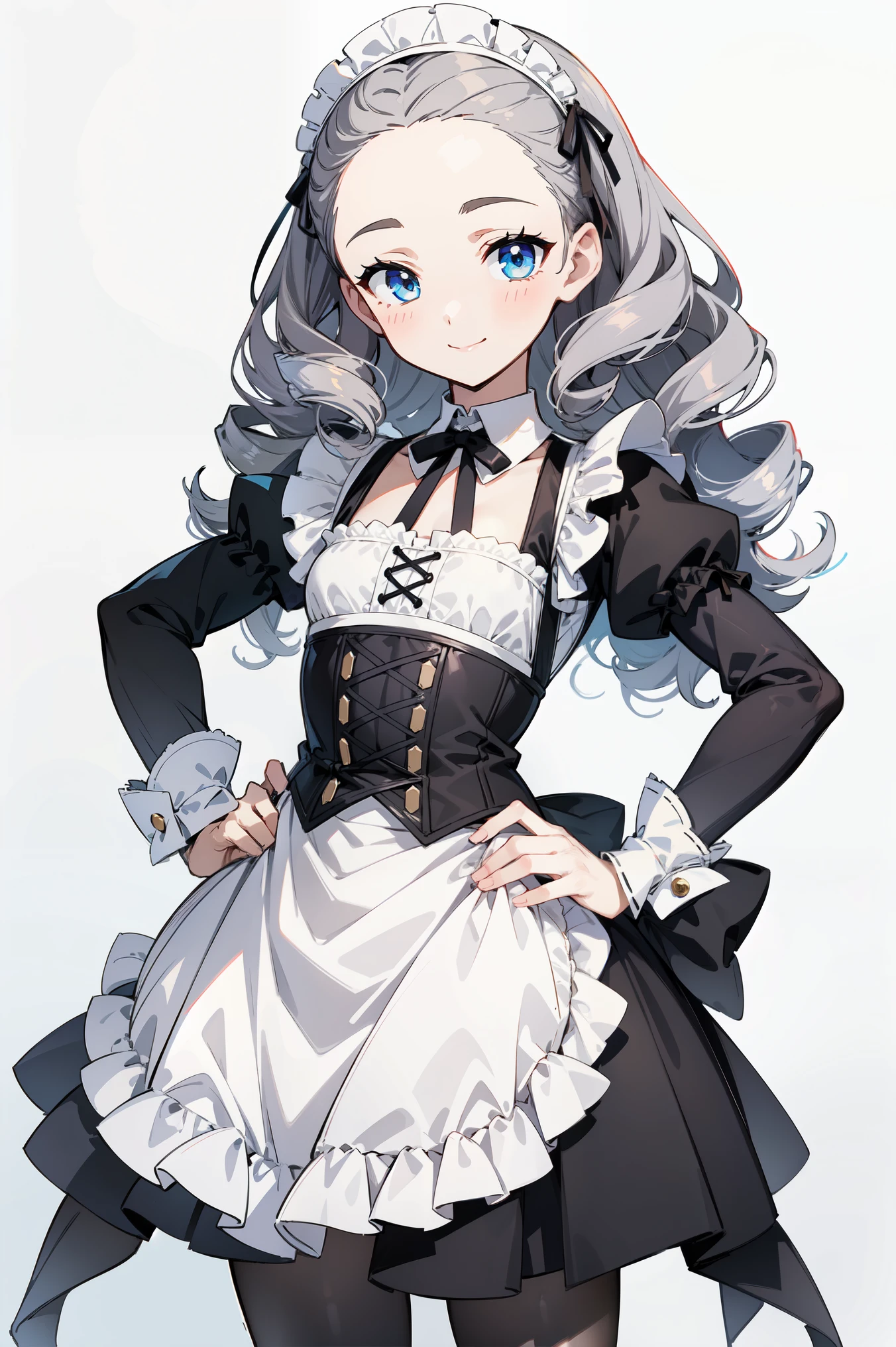 masterpiece, best quality, ultra high quality, 1girl, solo, young with long hair, curly hair, gray hair, forehead, middle parted bangs, small breasts, flat chest, neutral, kind smile, onee-chan, wearing a victorian white dress, maid, victorian dress, apron, leggings, black pantyhose, upper body, standing, hands on hips, detailed hands, white background, simple background, 