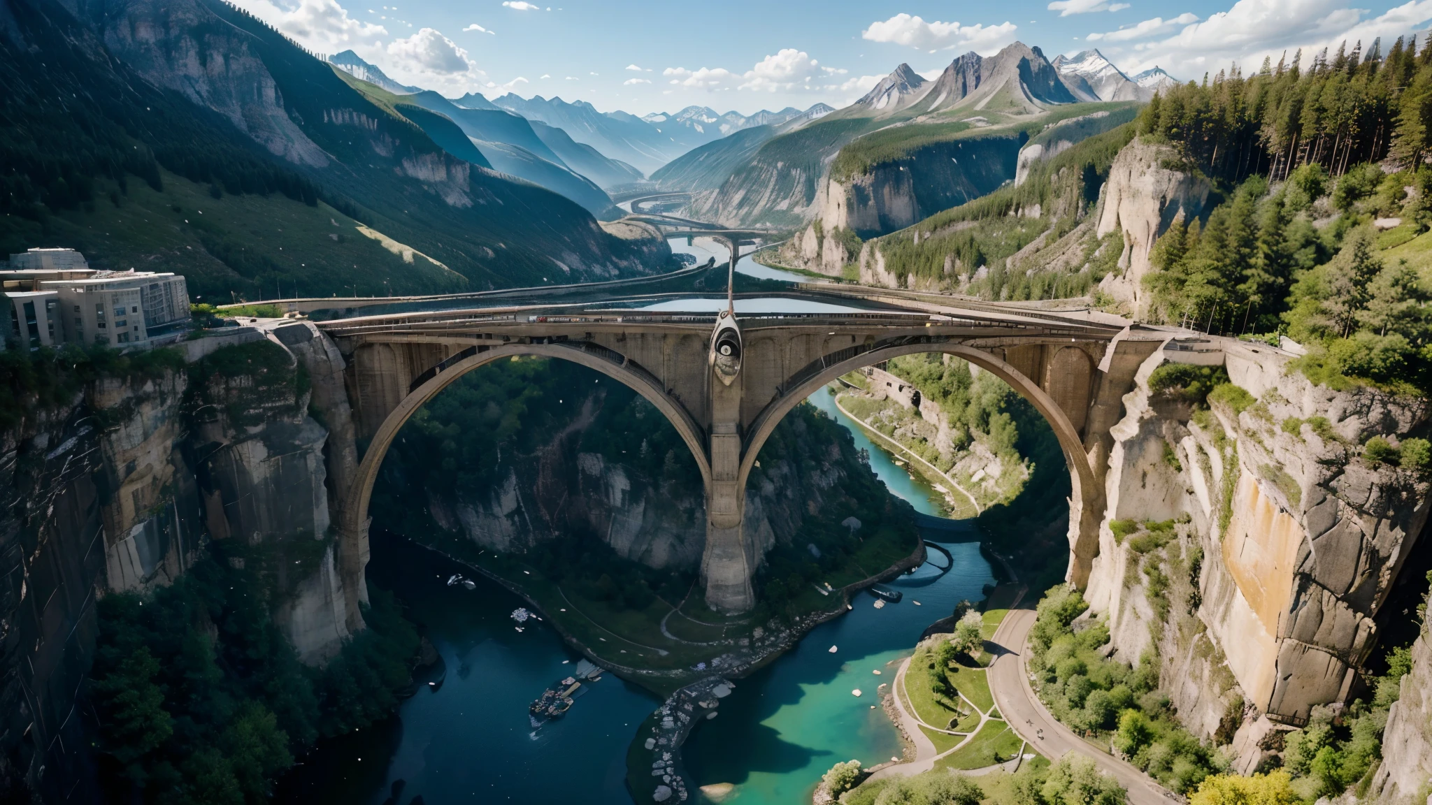 A mesmerizing aerial shot glides over a serene valley nestled between two majestic rocky mountains. Crystal-clear waterfalls cascade into the heart of the valley, creating a captivating spectacle. The futuristic biomechanical architecture seamlessly blends with the natural landscape, its intricate details shining under the gentle sunlight. Bridges elegantly span across the valley, connecting the bustling city below.