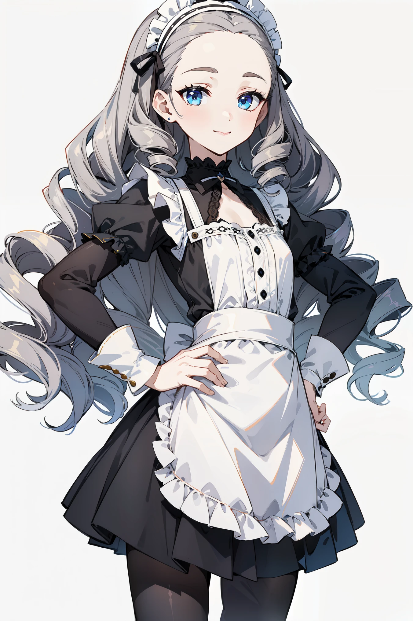 masterpiece, best quality, ultra high quality, 1girl, solo, young with long hair, curly hair, gray hair, forehead, middle parted bangs, small breasts, flat chest, neutral, kind smile, onee-chan, wearing a victorian white dress, maid, victorian dress, apron, leggings, black pantyhose, upper body, standing, close-up, hands on hips, detailed hands, white background, simple background, 