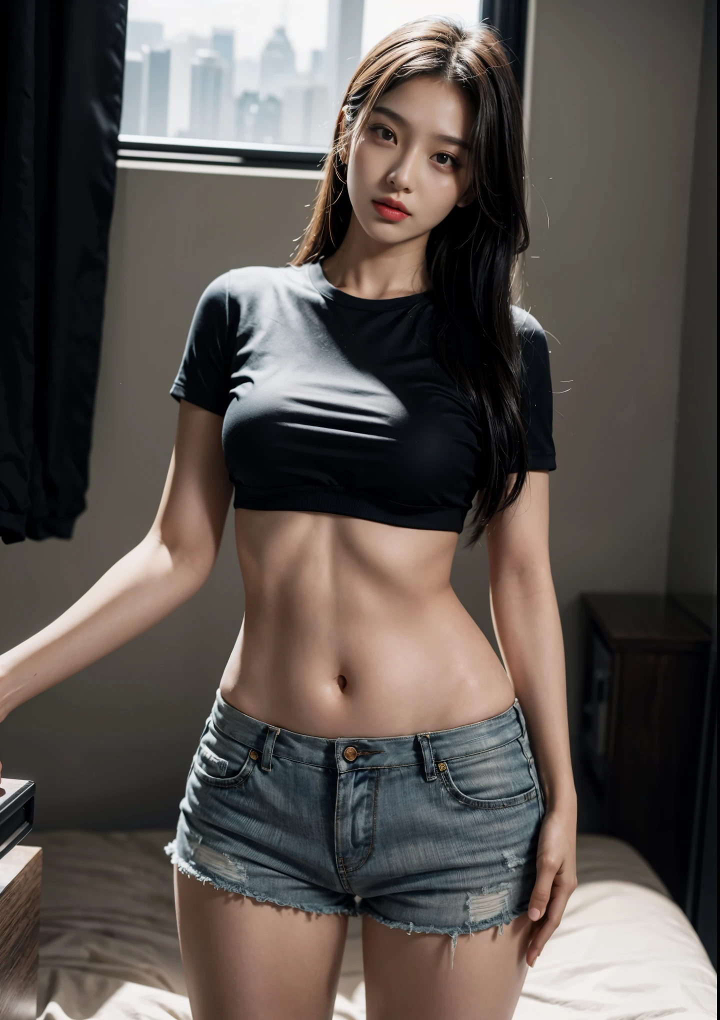 best quality, masterpiece, high resolution,8 thousand,(realistic으로:1.4),超high resolution,1 girl, Ultra-detailed, surrealism, Highly detailed CG illustrations, official art, movie light, realistic, Young and beautiful girl, perfect body매, perfect body매, Full POV, perfect body, (Start below:1.3), 음란한 pose, long sexy legs, confident, beautiful sexy, gray short sleeves, Open abdomen, black super shorts, S-shaped body, flipped ass,pose를 취하는,pose,Diverse perspectives