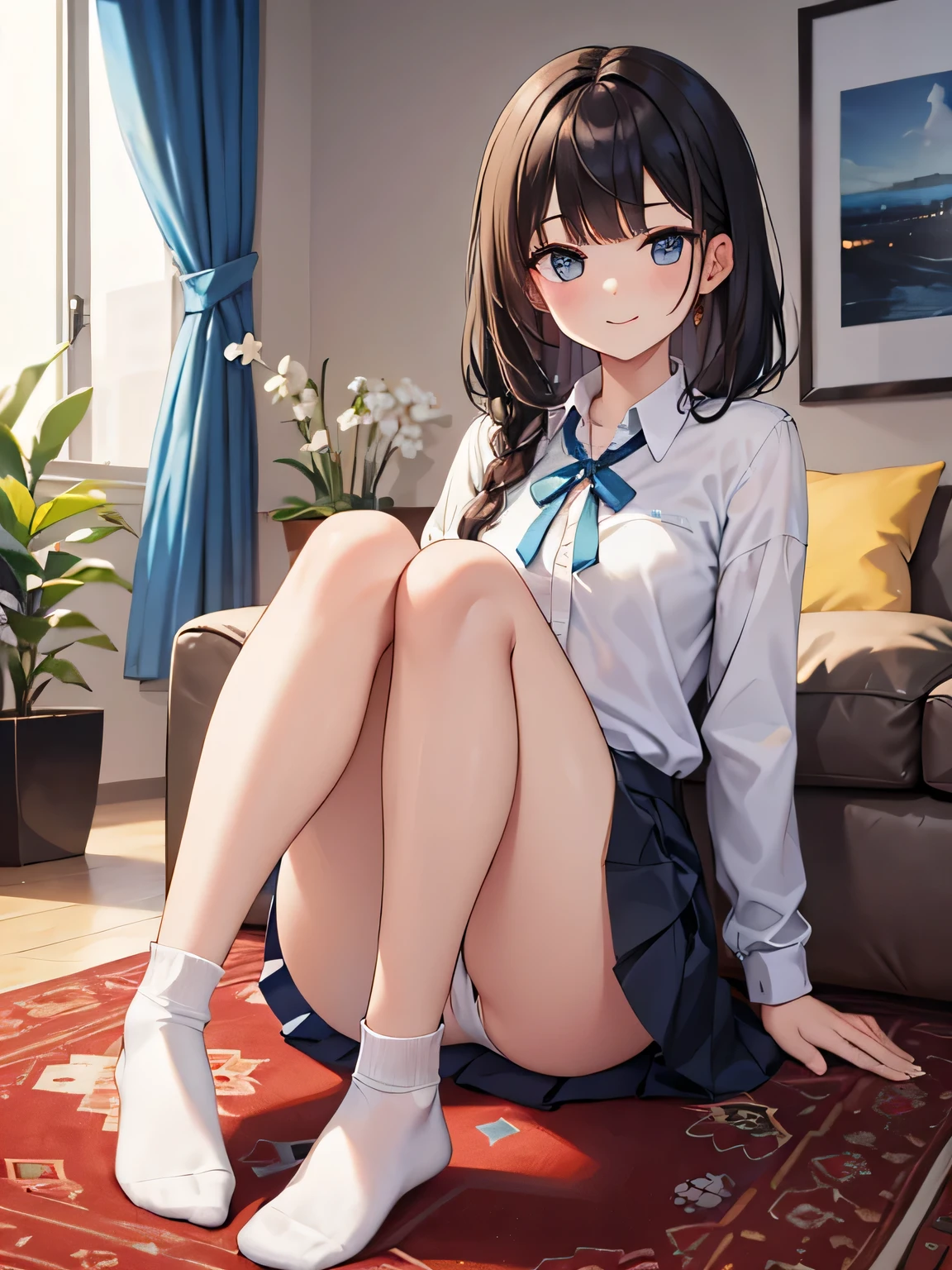 (1) A woman takes off her shoes and sits on the carpet in the living room. her skirt is short、You can almost see her white panties.
(2) The woman is a , in a high school uniform、I am wearing dark blue middle socks on my feet.。.
(3) The woman's hairstyle is brown and semi-long..
(4) The woman's expression is a smile.
(5) The location is on the carpet in the living room of the apartment..