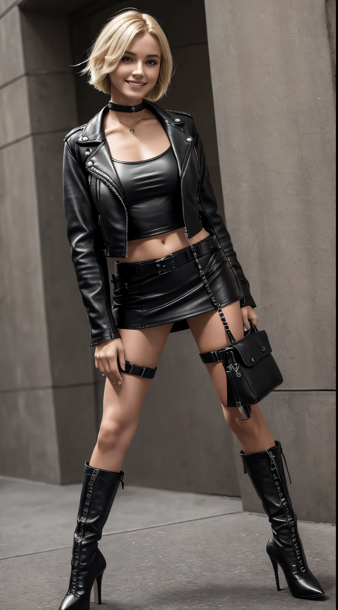 Best Quality, 8K, 32K, ​master piece ,ultra detailed,full body,short bob Hair , hair color is blonde,wolf_cut hair , 20 years old, (full body:1.2), (leather jacket:1.2),tube top ,black miniskirt (black miniskirt:1.2), (black leather boots:1.2), (high heels:1.2), smiling