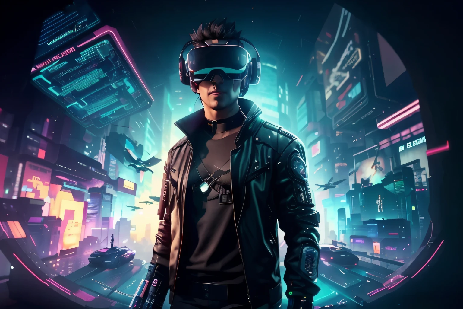 a man in a black jacket and glasses stands in front of a futuristic city, vr game, cyberpunk vibe, cyberpunk vibes, deeper into the metaverse we go, has cyberpunk style, cyberpunk theme, in cyber punk 2077, cyberpunk futuristic, cyberpunk future, synthwave, wearing cyberpunk streetwear, futuristic cyberpunk, cyberpunk tech, retro cyberpunk, synthwave style