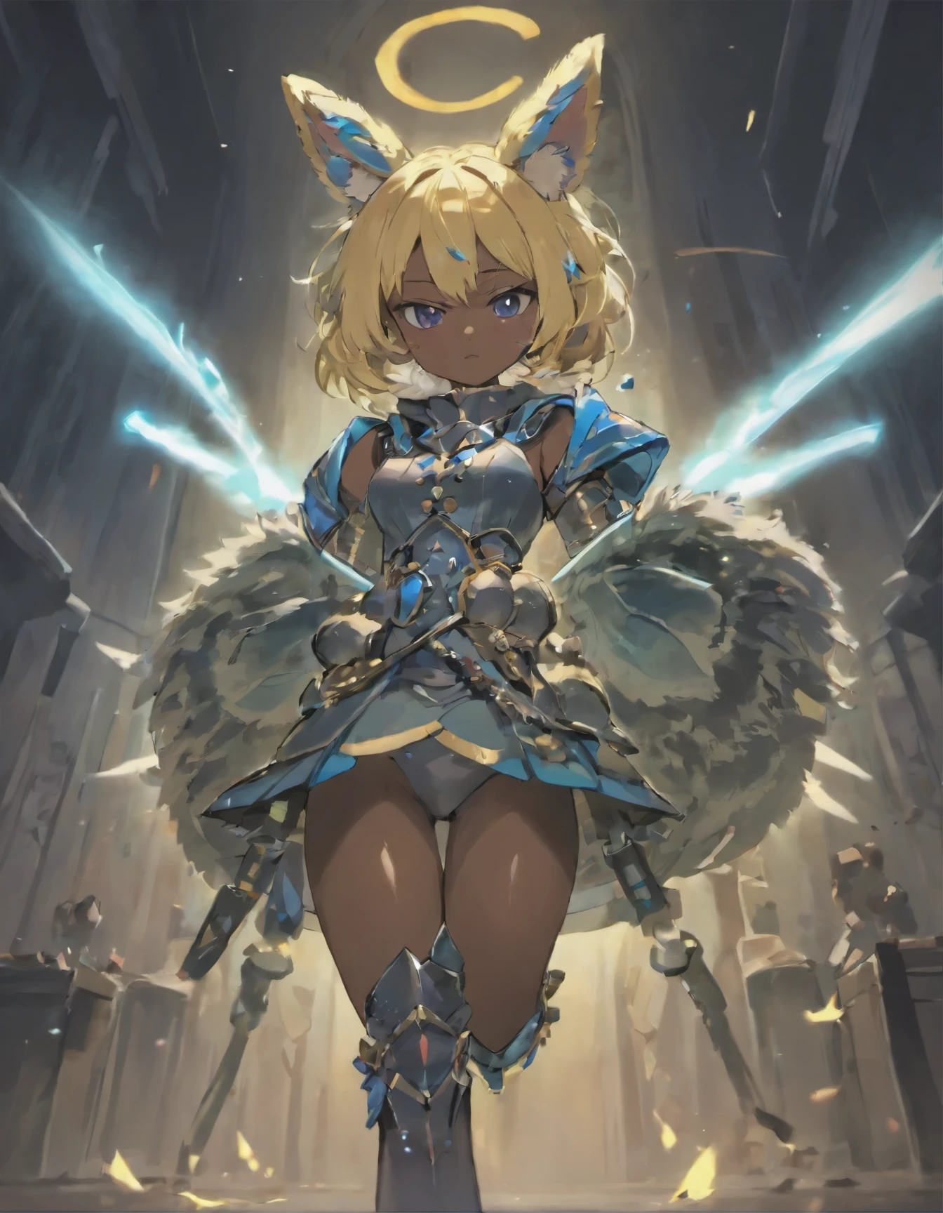 ((voluptuous dark-skinned girl)), fluffy bunny ears, cat tail, sapphire blue hair color, dark blue eyes, magic sword in hand, large ragged cloth cape wrapped around waist, chest armor, gauntlet, black long sleeve shirt under armor, chest armor, cropped hoodie, properly drawn magic sword in hand, cat ears, cat's tail digital painting, extreme detail, digital art, Knight Armor, baggy puffy pants, metal boots, fully armored, Baggy puffy pants.