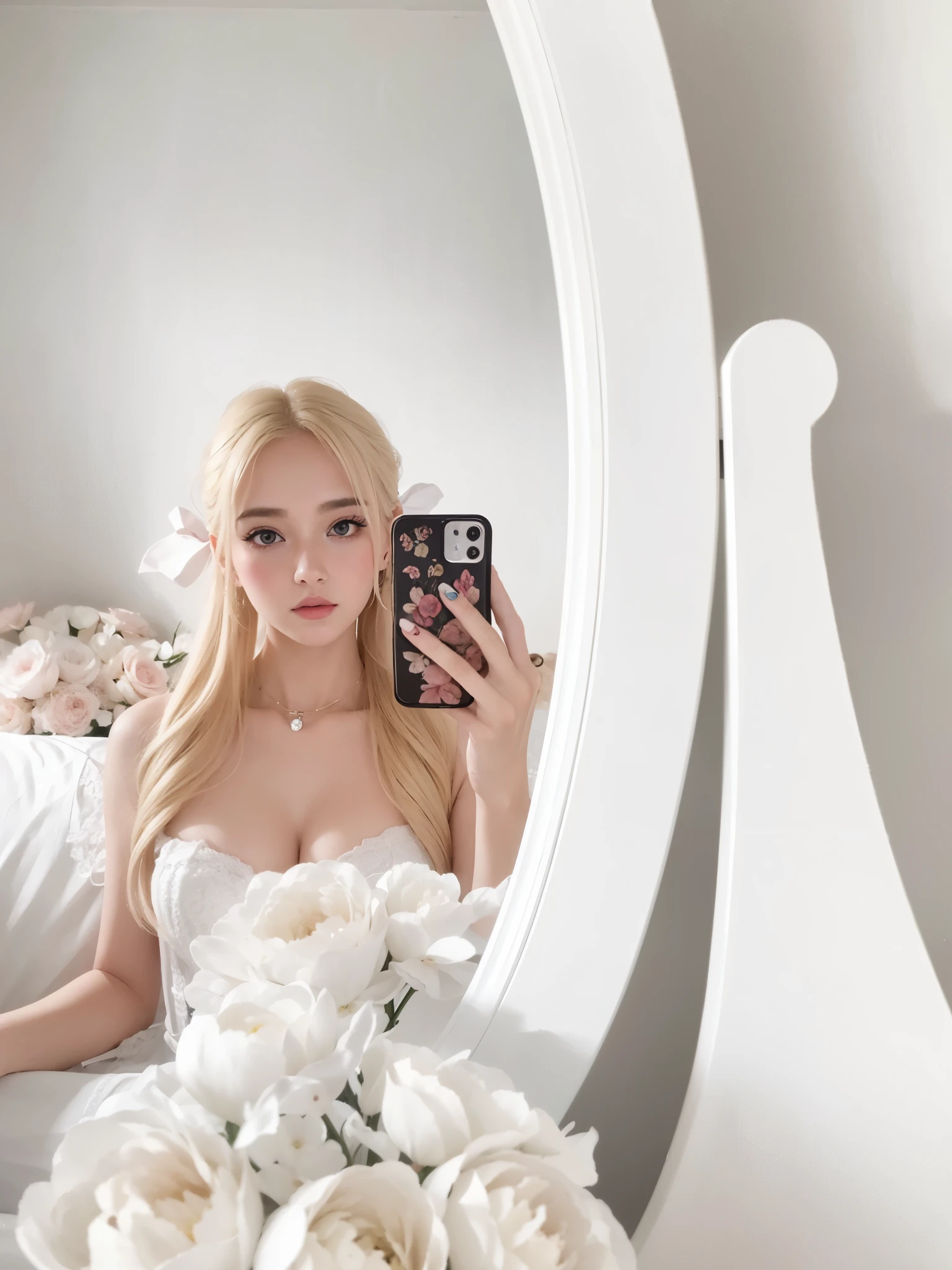 Blonde woman taking a selfie in front of a mirror with flowers., amoranto, retrato de kim petras, bella delfina, ava max, anna nikonova aka new milkmaid, better known as amoranto, modelo de instagram, 8k selfie photography, Kailee Mandel, (arte digital), angelablanca, autofoto espejo, young beautiful amoranto