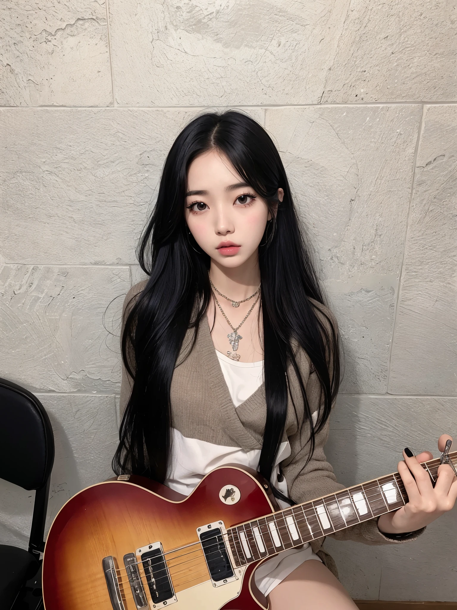 araffe woman sitting on a chair holding a guitar in her hands, portrait of jossi do blackpink, cruel korean goth girl, com cabelo comprido and piercing eyes, Ulzzang, ava max, jossi do blackpink, com cabelo comprido, ela tem cabelo preto com franja, jaeyeon nam, com longos cabelos escuros, Jinyoung Shin, Portrait of female Korean idol
