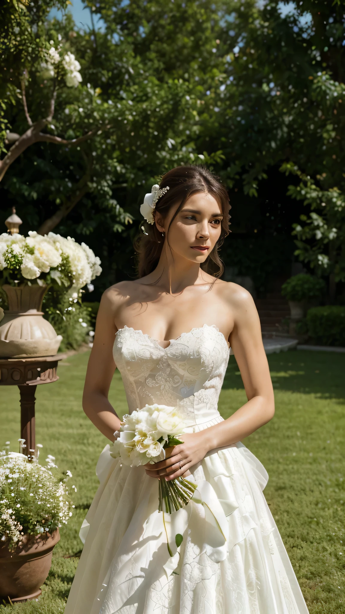 a beautiful woman in a white wedding dress holding a flower standing in a garden background, pictorial setting, UHD, ccurate, anatomically correct, masterpiece, textured skin, super detail, high details, high quality, best quality, award winning, highres, 8k
