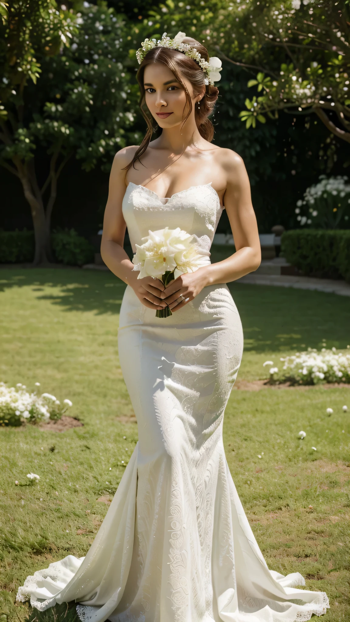 A woman in a wedding dress holding a bouquet of flowers - SeaArt AI