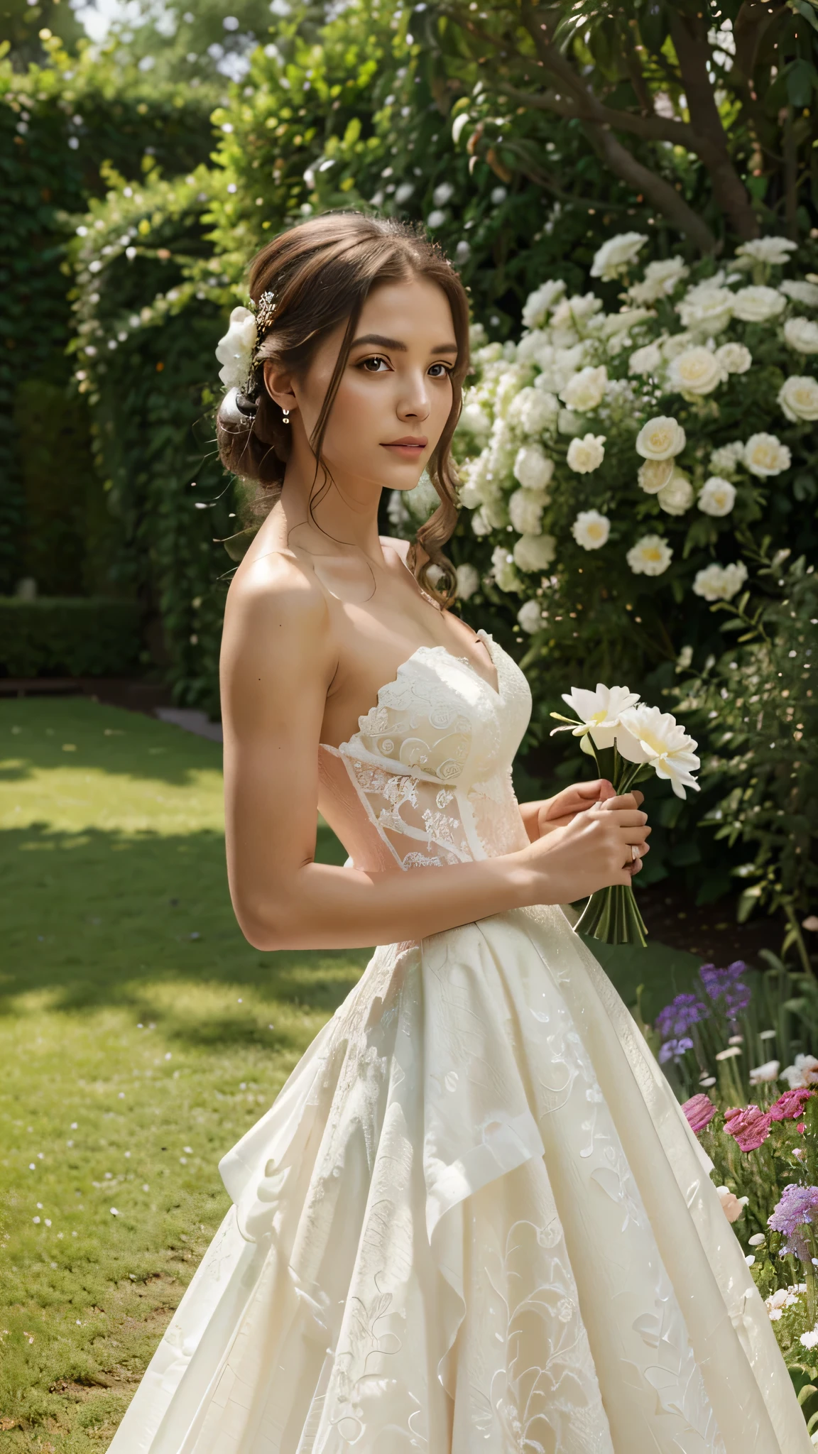 a beautiful woman in a white wedding dress holding a flower standing in a garden background, pictorial setting, UHD, ccurate, anatomically correct, masterpiece, textured skin, super detail, high details, high quality, best quality, award winning, highres, 8k