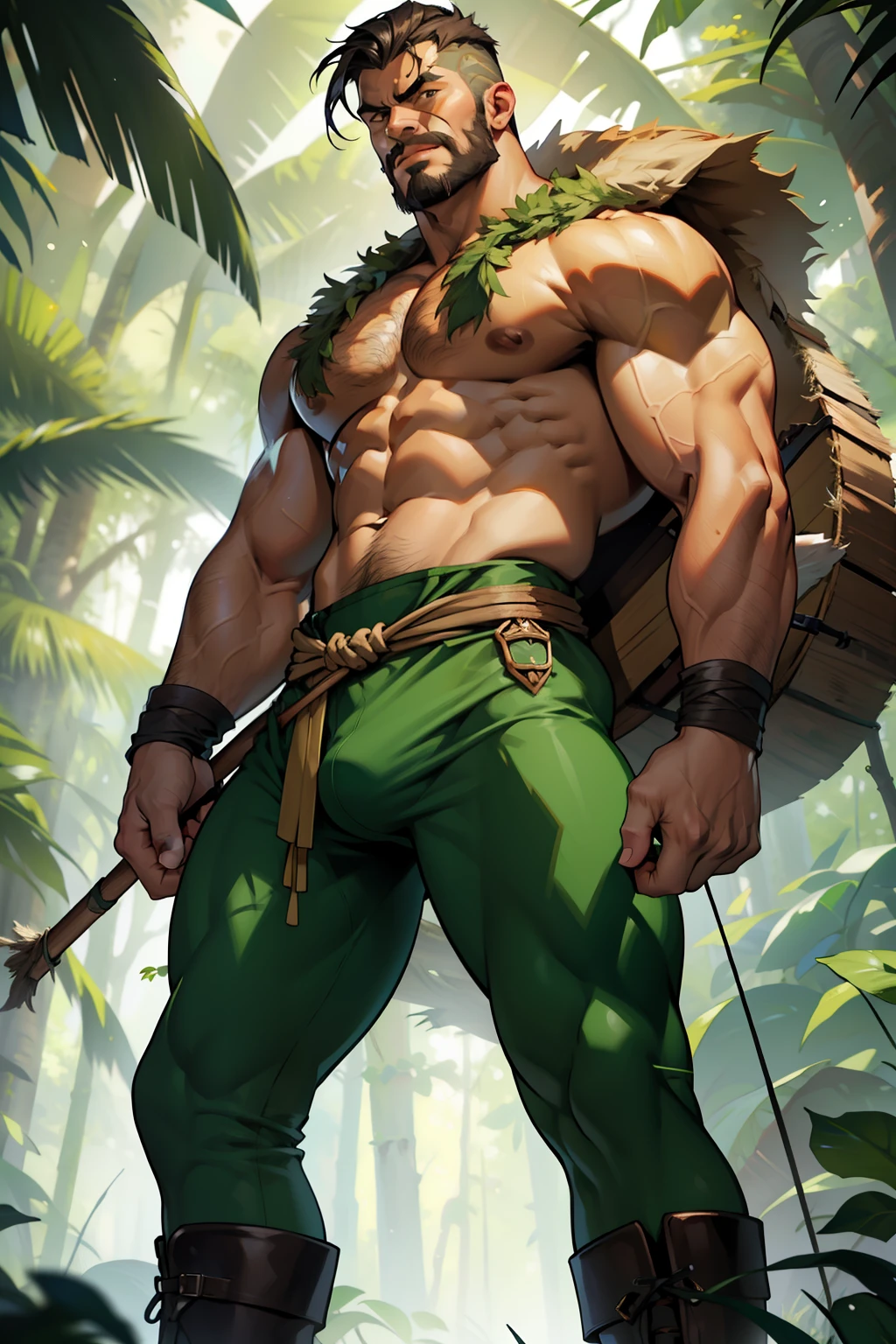 (Masterpiece: 1.2),kraven the hunter as a muscular giant, flexing his massive bulging biceps, in a tight green jumpsuit, with intricate patterns, showing off his rippling abs and veins, sun-kissed skin, intense brown eyes, black boots, holding a bow and quiver of arrows, standing against a backdrop of lush jungle foliage, with vines wrapping around his tree-trunk legs, biceps bulging in the best quality, 4k, 8K, high resolution image.