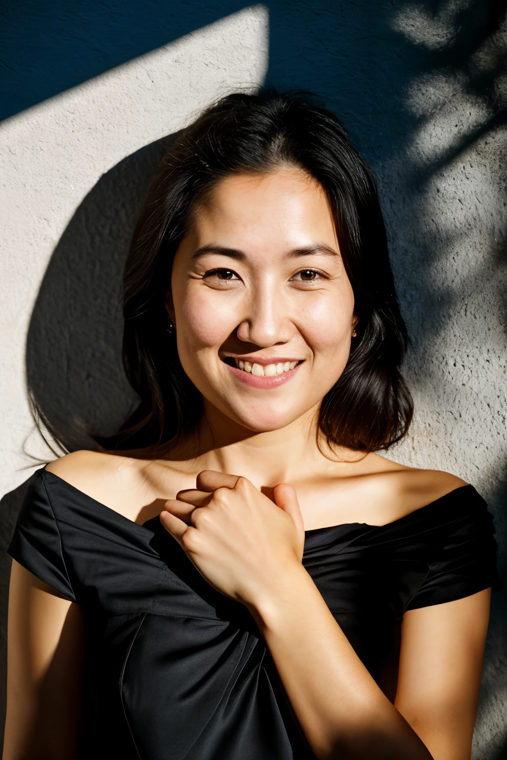 RAW photo, face portrait photo of beautiful 26 y.o woman, cute face, wearing black dress, happy face, hard shadows, cinematic shot, dramatic lighting
