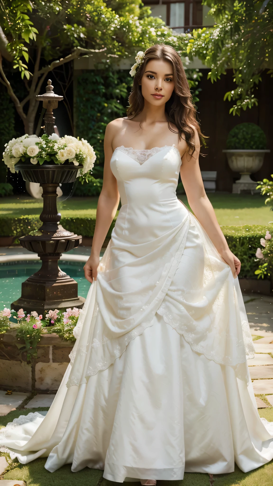 a beautiful woman in a white wedding dress holding a flower standing in a beautiful hotel garden background, pictorial setting, UHD, accurate, anatomically correct, masterpiece, textured skin, super detail, high details, high quality, best quality, award winning, highres, 8k