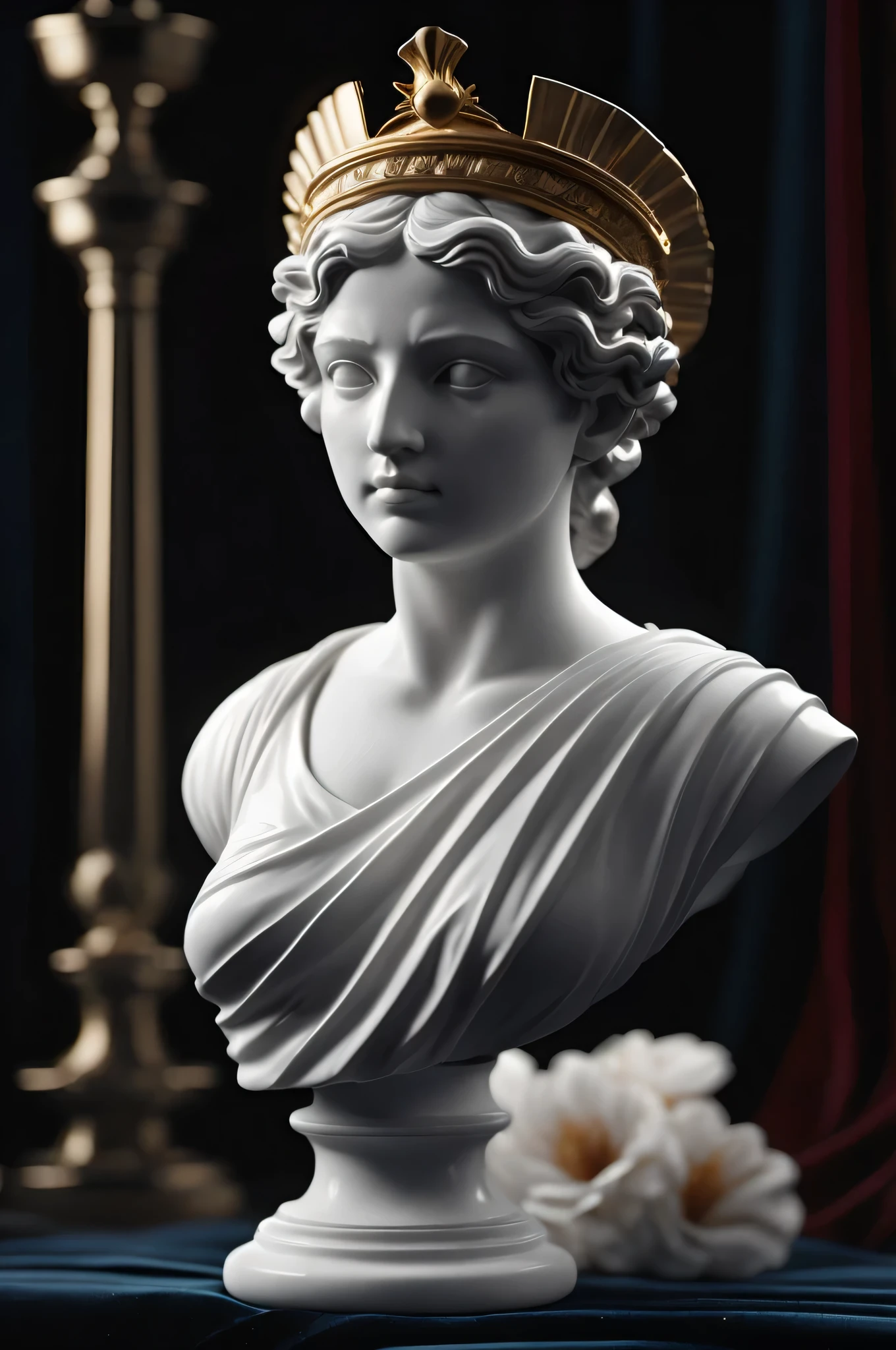 Arafed - statue of a woman with a crown on her head, Portrait sculpture of the Greek god, Realistic sculpture by Bernini 8K, Classical sculpture, Classical statue, cinematic bust close-up, Classical Marble Sculpture, close-up bust shot, Sculpture of Persephone, cinematic bust shot, greek marble statue, Classical sculpture, Bust view, Classicism Artstyle