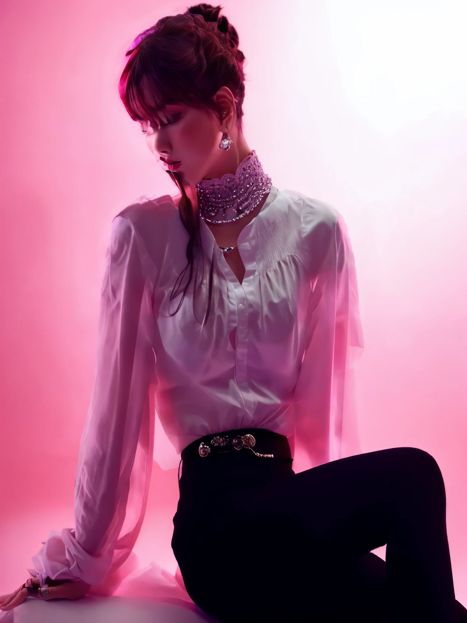 araffe woman with white blouse and black pants sitting on a pink background, fantasize por ArianaGrande, delicate androgynous prince, handsome androgynous prince, park Jimin, por Emma Andijewska, inspirado em Kim Deuk-sin, Jung Jaehyun, Jimin, inspirado em jeonseok lee, chave ainda, photoshoot, beautiful aesthetics, androginia