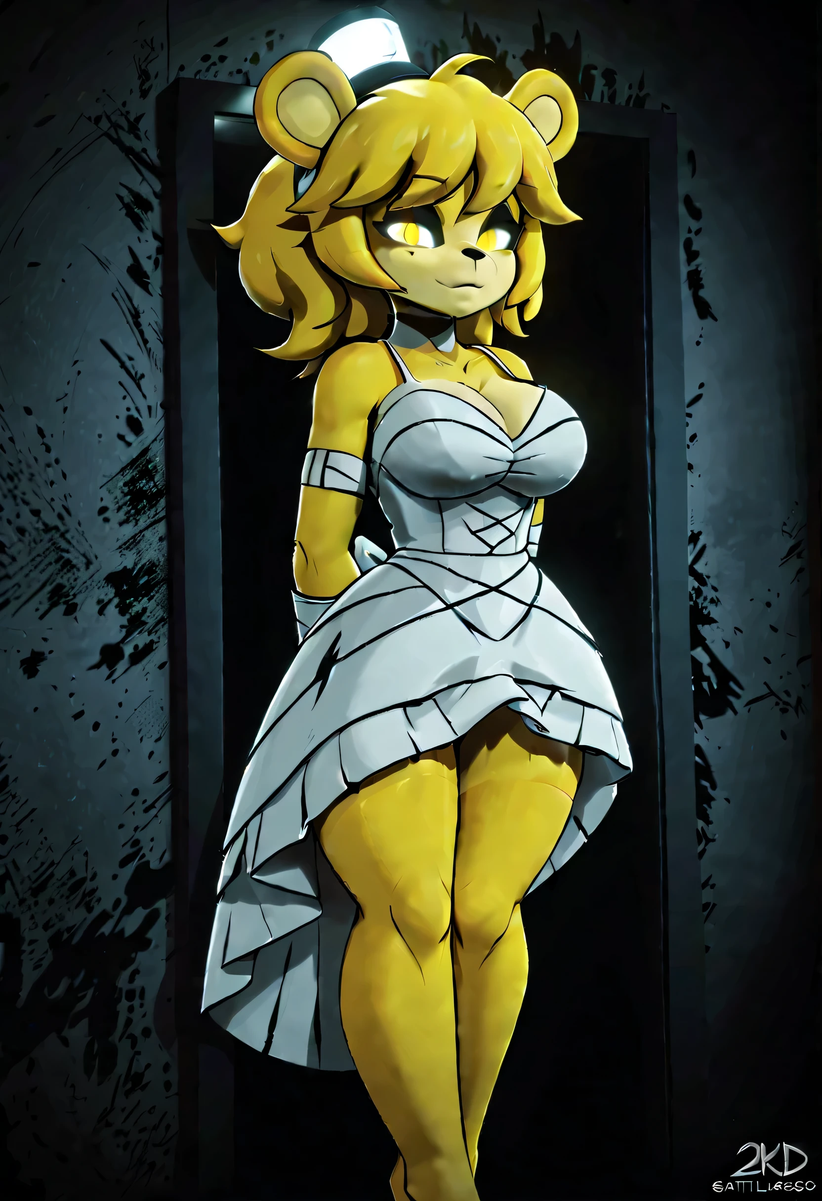 (best quality, masterpiece1.2), 1girl, solo, anthro, cally3d, type 0, yellow hair, yellow body, bear ears, floating, laying forward, bandaged ear, tattered white dress, haunted dress, phasing through wall, emerging from wall, haunted bedroom, ghostly aura, shadowy figure, sexy, detailed, extreme detail, dark lighting, 4k, ultra-fine painting, vivid colors,, ethereal atmosphere, mystical vibes, enchanting background, mesmerizing expression, dark shadows, haunting beauty, alluring gaze, gothic style, surreal elements, intricate details, being caught by flashlight