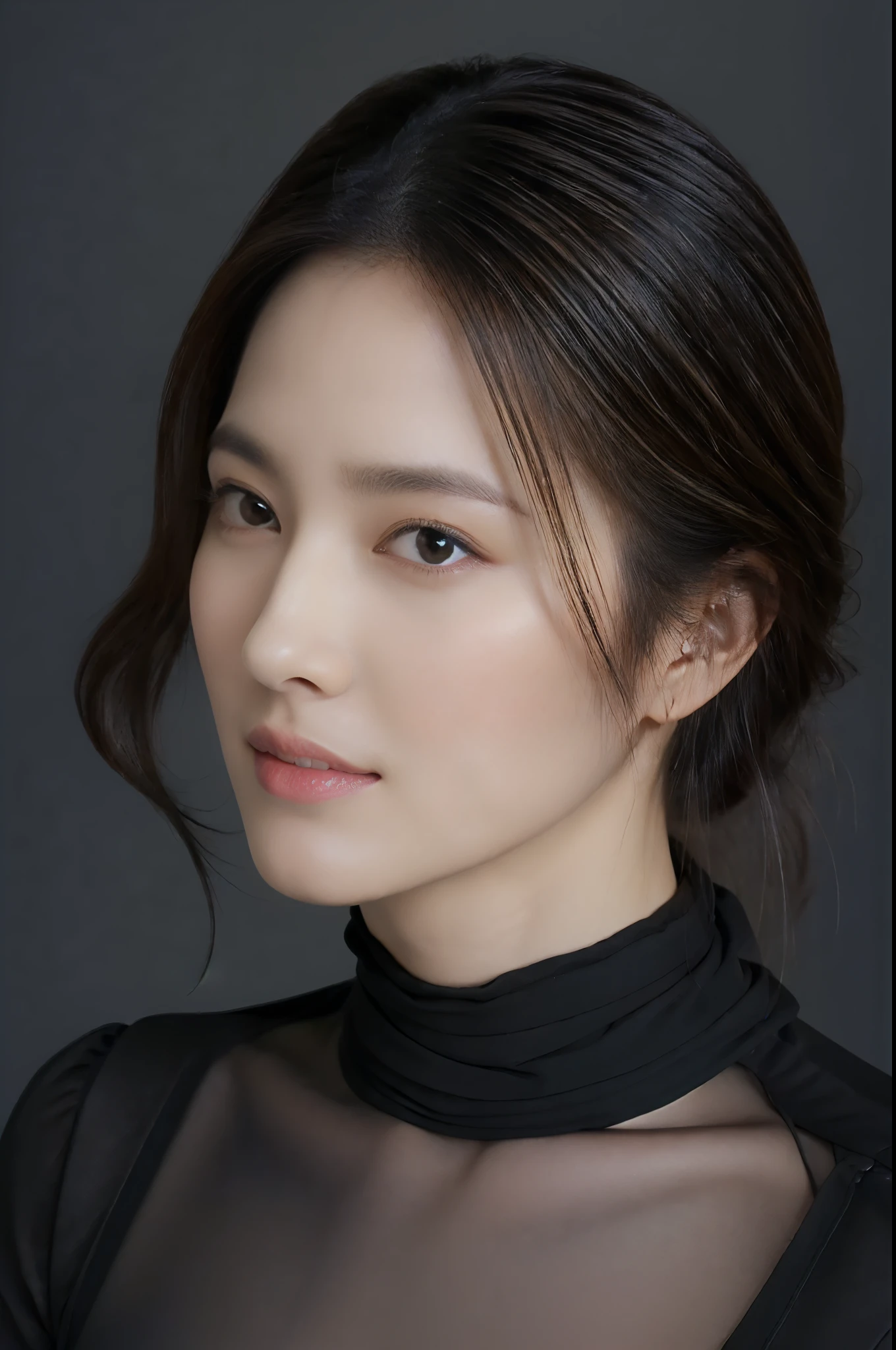 (master piece:1.3)、(photorealistic、Live shooting、highest quality: 1.4)、(1 girl)、(real-looking face)、(black hair、Long- :1.3)、（realistic skin）、（Black leather short sleeve shirt）、ultra high resolution、Super realistic、High definition、