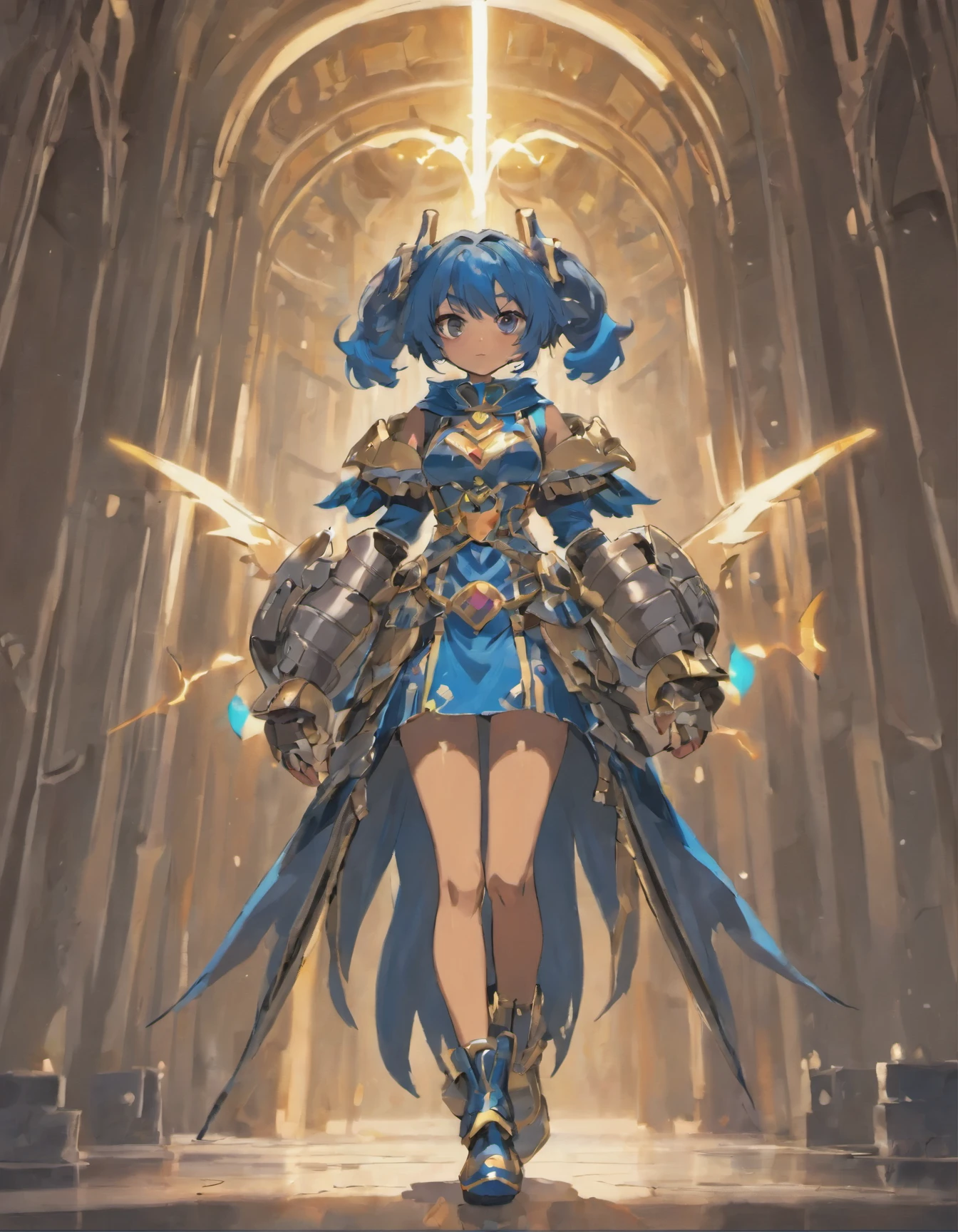 ((voluptuous dark-skinned girl)), halo floating above fluffy bunny ears, leopard tail, sapphire blue hair color, dark blue eyes, magic sword in hand, large ragged cloth sash wrapped around waist, dark iron chest armor, tarnished gauntlets, black long sleeve shirt under armor, cropped hoodie, properly drawn magic sword in hand, extreme detail, digital art, Knight Armor, baggy puffy pants, metal boots, fully armored, Baggy puffy pants.