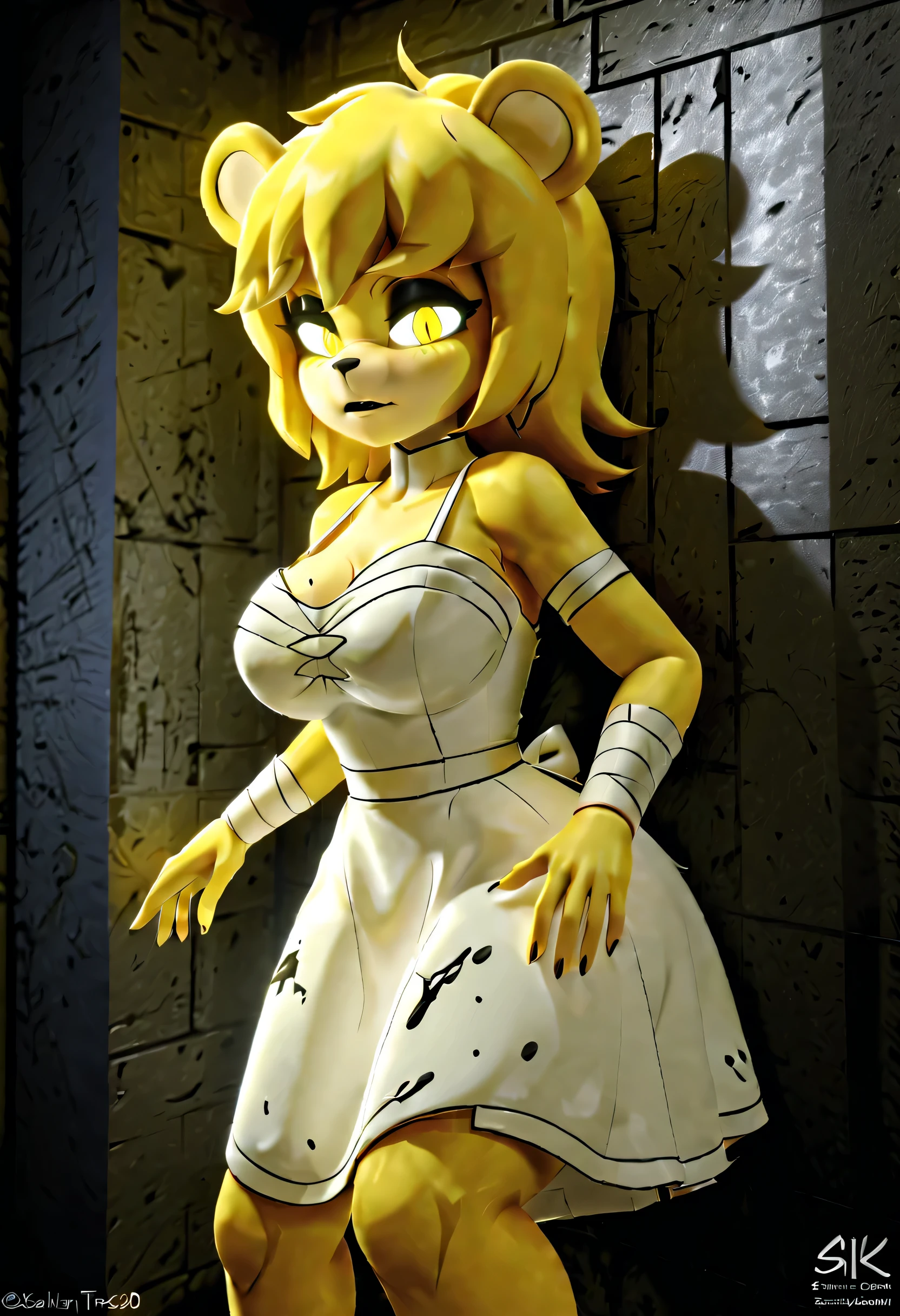 (best quality, masterpiece1.2), 1girl, solo, anthro, cally3d, type 0, yellow hair, white body, bear ears, floating, laying forward, bandaged ear, tattered white dress, haunted dress, phasing through wall, emerging from wall, haunted bedroom, ghostly aura, shadowy figure, sexy, detailed, extreme detail, dark lighting, 4k, ultra-fine painting, vivid colors,, ethereal atmosphere, mystical vibes, enchanting background, mesmerizing expression, dark shadows, haunting beauty, alluring gaze, gothic style, surreal elements, intricate details, being caught by flashlight