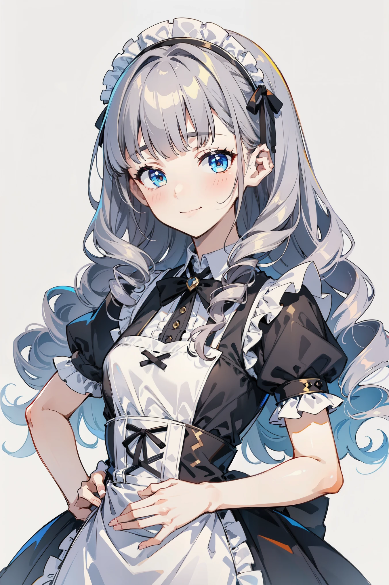 masterpiece, best quality, ultra high quality, 1girl, solo, young with long hair, curly hair, gray hair, blunt bangs, small breasts, neutral, kind smile, onee-chan, wearing a victorian white dress, maid, victorian dress, apron, leggings, black pantyhose, (upper body), standing, close-up, hands on hips, detailed hands, white background, simple background, 