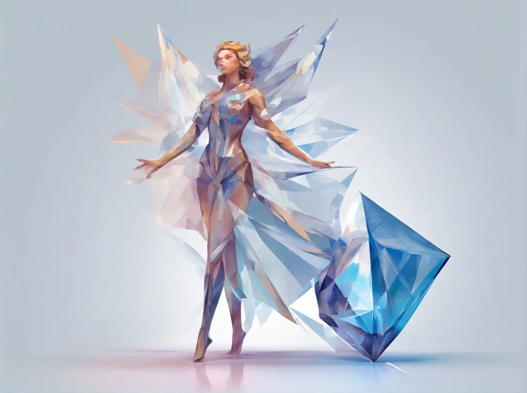 Virgo, Virgo with crystal splash, virgin Standing position, Abstract beauty, Centered, Looking at the camera, Facing the camera, nearing perfection, Dynamic, Highly detailed, smooth, Sharp focus, 8K, high definition resolution, illustration, Art by Carne Griffiths and Wadim Kashin, blue backround, crystal reflections