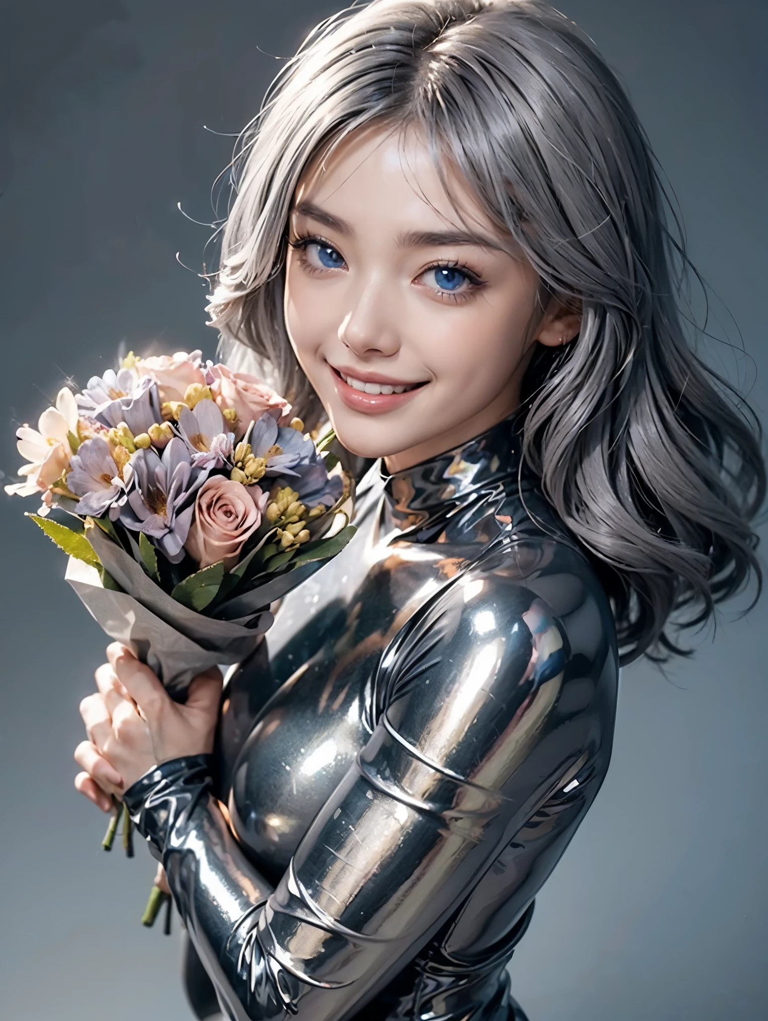 (anime:1.3), (face shot, fashion portrait:1.6), ultra detailed, beautiful, masterpiece, best quality, _ BREAK (1girl:1.2), 22 years old, 160 cm, Japanese cute model, Tightened all body, medium Breasts, small head, small face, diamond Face, small nose, Sharp Faceline, young hands and fingers, beautiful hands and fingers, five fingers, _ BREAK (Happy, smile, Glossy Lips:1.5), (Light color lips, Half open mouth, beautiful Teeth:1.2), (dropy eyes, Double eyelid, Blue eyes:1.3), _ BREAK (arranged hair:1.3), (gray hair:1.3), _ BREAK (gray background:1.4), blurry background, Fog, mist, front White lightning, _ BREAK (dynamic angle:1.7), (standing:1.6), (Hold a bouquet of flowers near face:1.6), (Metallic latex skinny bodysuit:1.5), (black Metallic Reflecting globe:1.4), Gloss, Reflecting, (face shot:1.3)