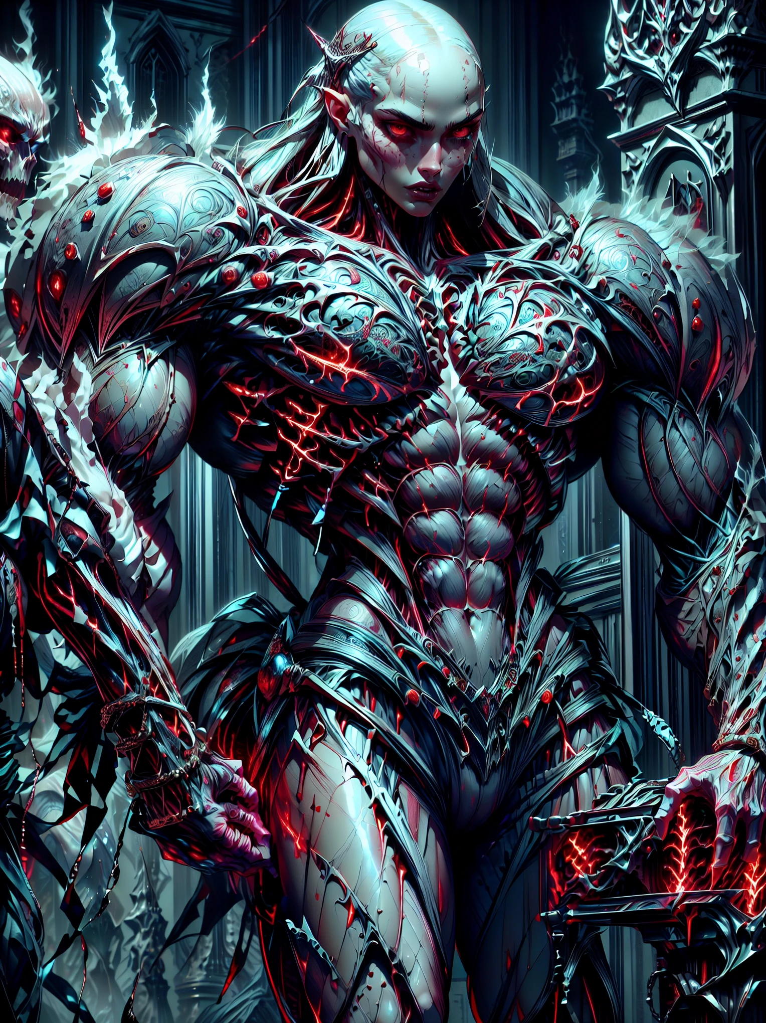 (1 girl), (megan fox:1.25), (pure white skin:1.25), Beautiful vampire girl dressed in ornate medieval vampiric full body armor, (extreme muscular definition:1.5), (vampiric body armor:1.25), (huge muscular arms:1.5,) (10-pack abs:1.4), (lots of veins:1.25), Ultra Realistic, Very detailed face and eyes, a true masterpiece, with an atmosphere of horror, gothica, blood, haunted cathedrals