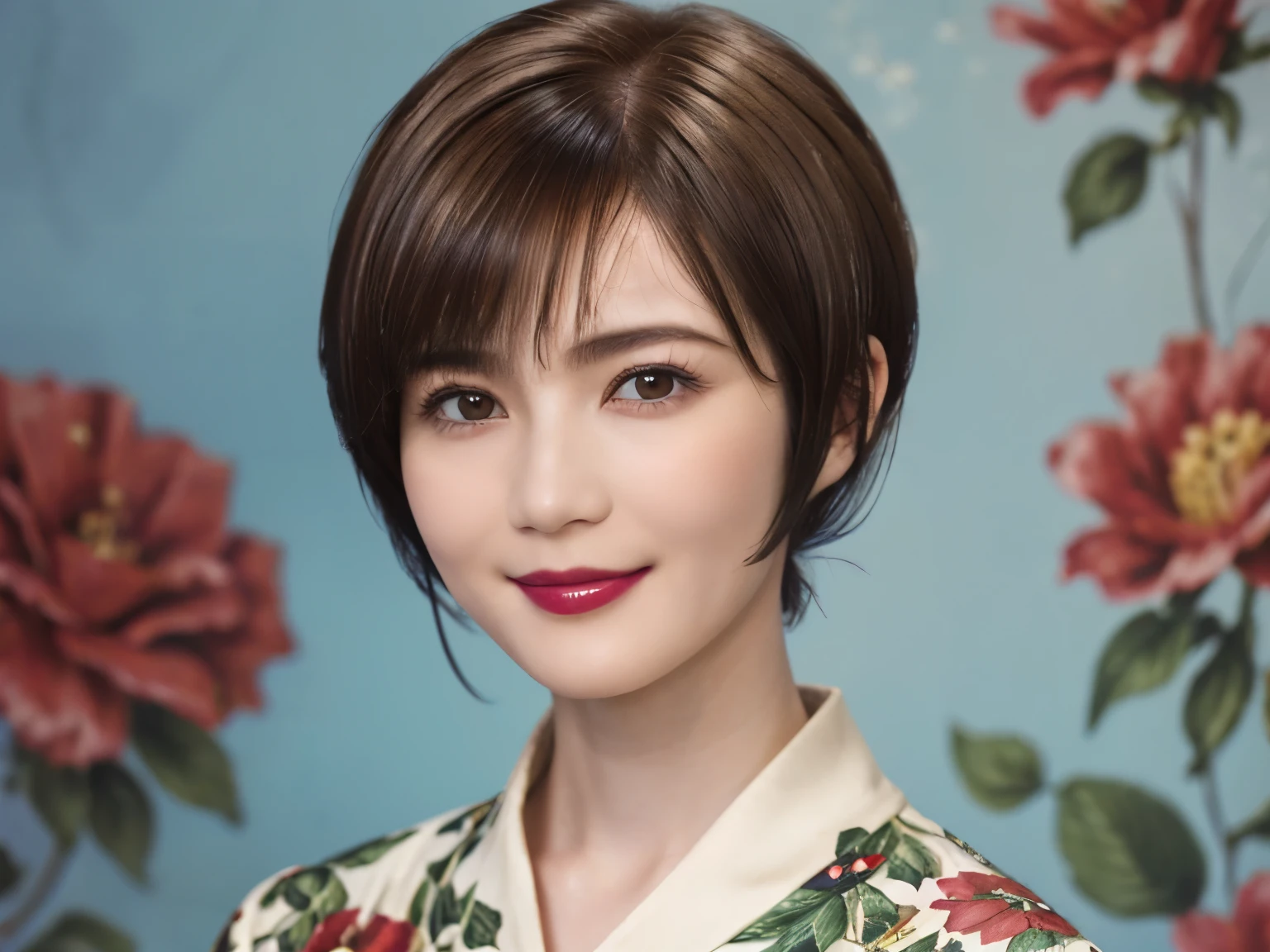 151
(20 year old woman,Floral clothing), (Super realistic), (high resolution), ((beautiful hairstyle 46)), ((short hair:1.46)), (gentle smile), (brest:1.1), (lipstick)
