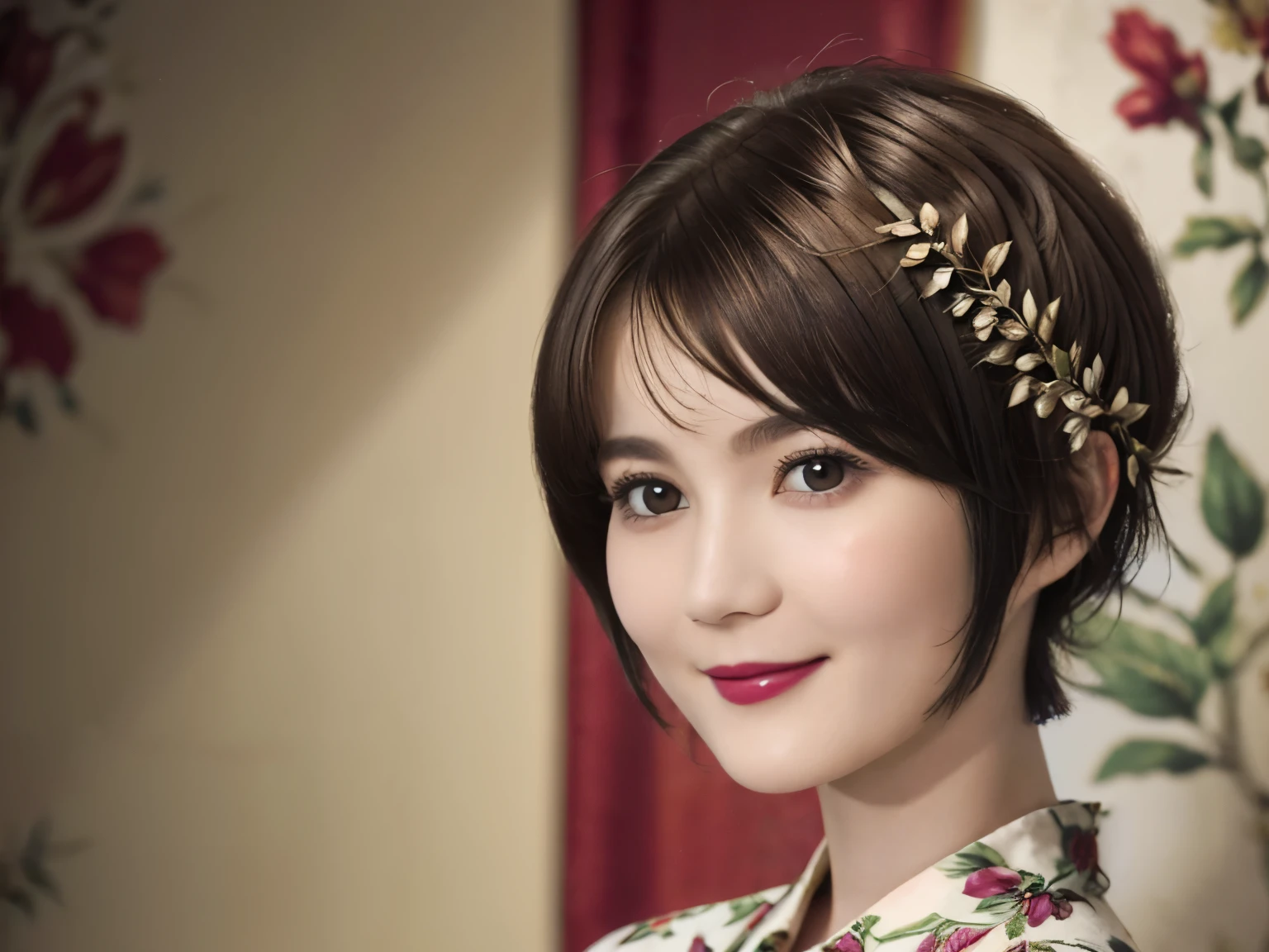 151
(20 year old woman,Floral clothing), (Super realistic), (high resolution), ((beautiful hairstyle 46)), ((short hair:1.46)), (gentle smile), (brest:1.1), (lipstick)
