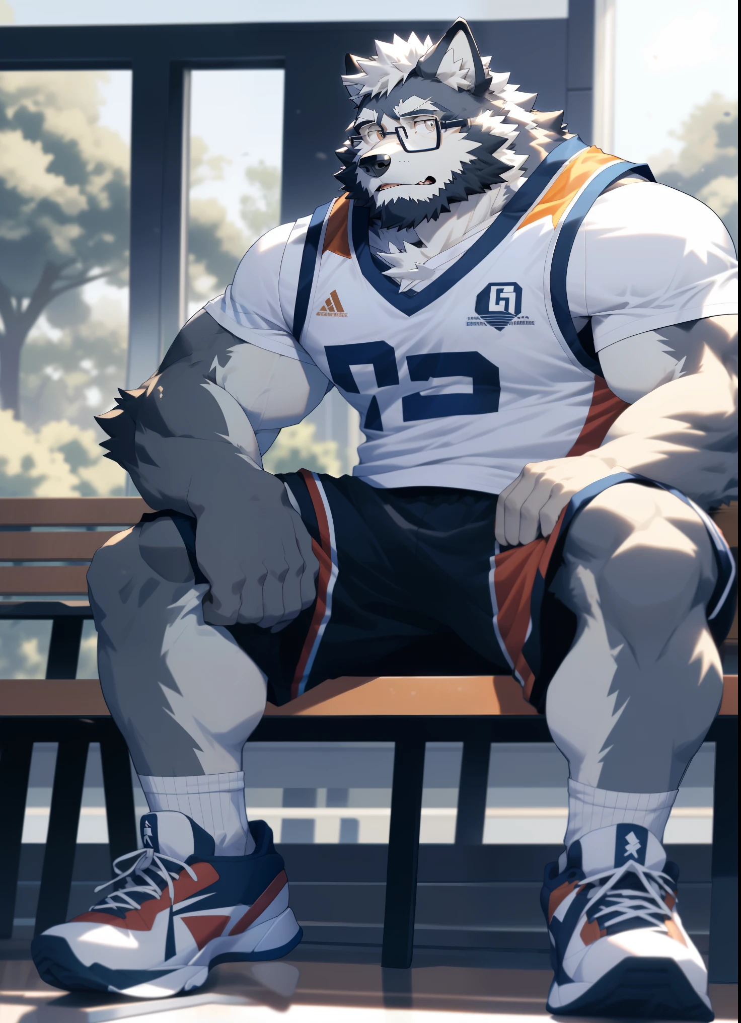 hairy,Wolf,Black-rimmed glasses,Basketball vest,Basketball shorts,white socks,Basketball shoes,beard,white fur,male,Common,full-body shot, dynamic poses,lounge,bench,sitting,Detailed background,极其lifelike阴影,masterpiece,Very detailed,lifelike