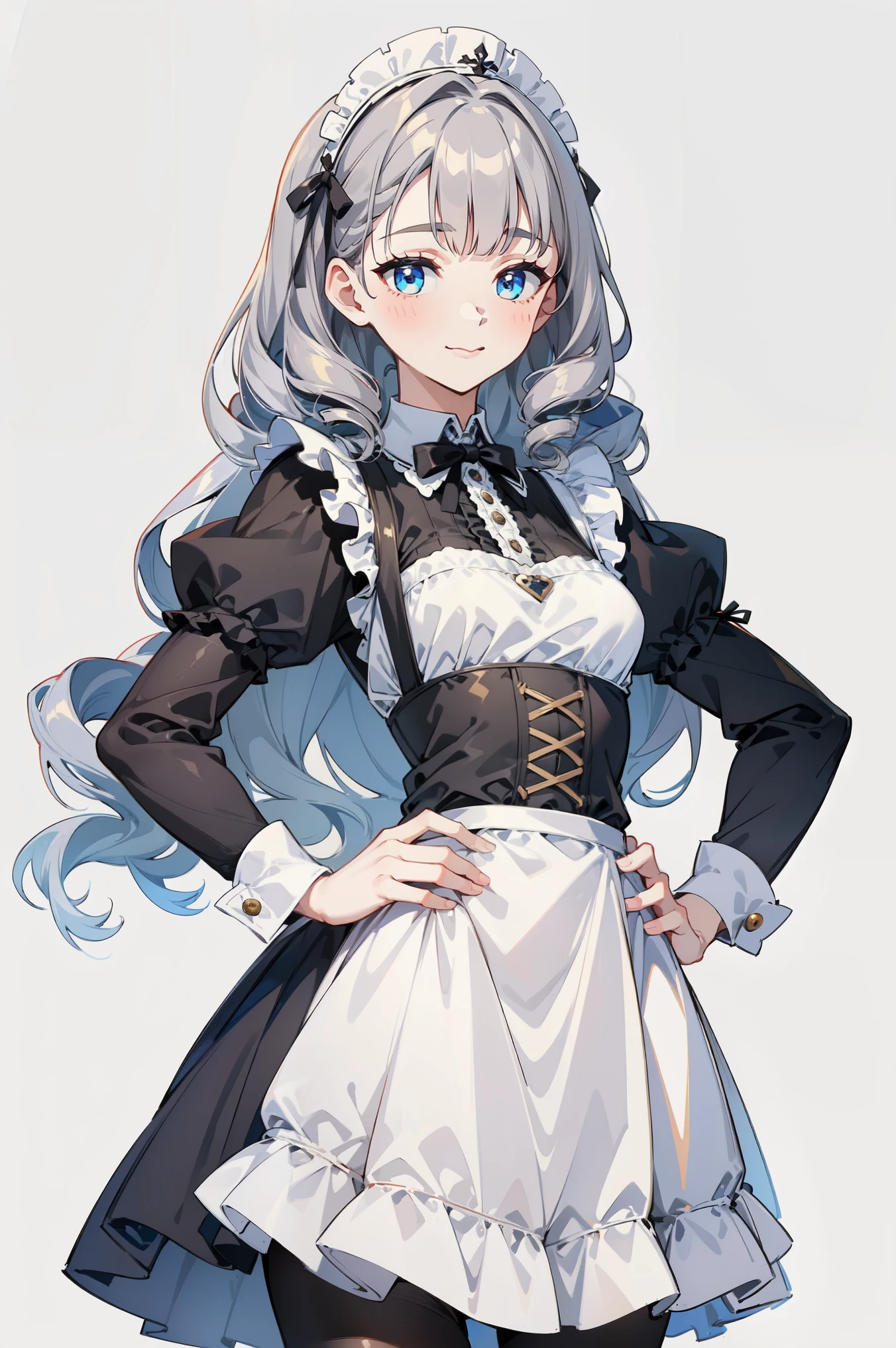 masterpiece, best quality, ultra high quality, 1girl, solo, young with long hair, curly hair, gray hair, blunt bangs, small breasts, neutral, kind smile, onee-chan, wearing a victorian white dress, maid, victorian dress, apron, leggings, black pantyhose, (upper body), standing, close-up, hands on hips, detailed hands, white background, simple background, 