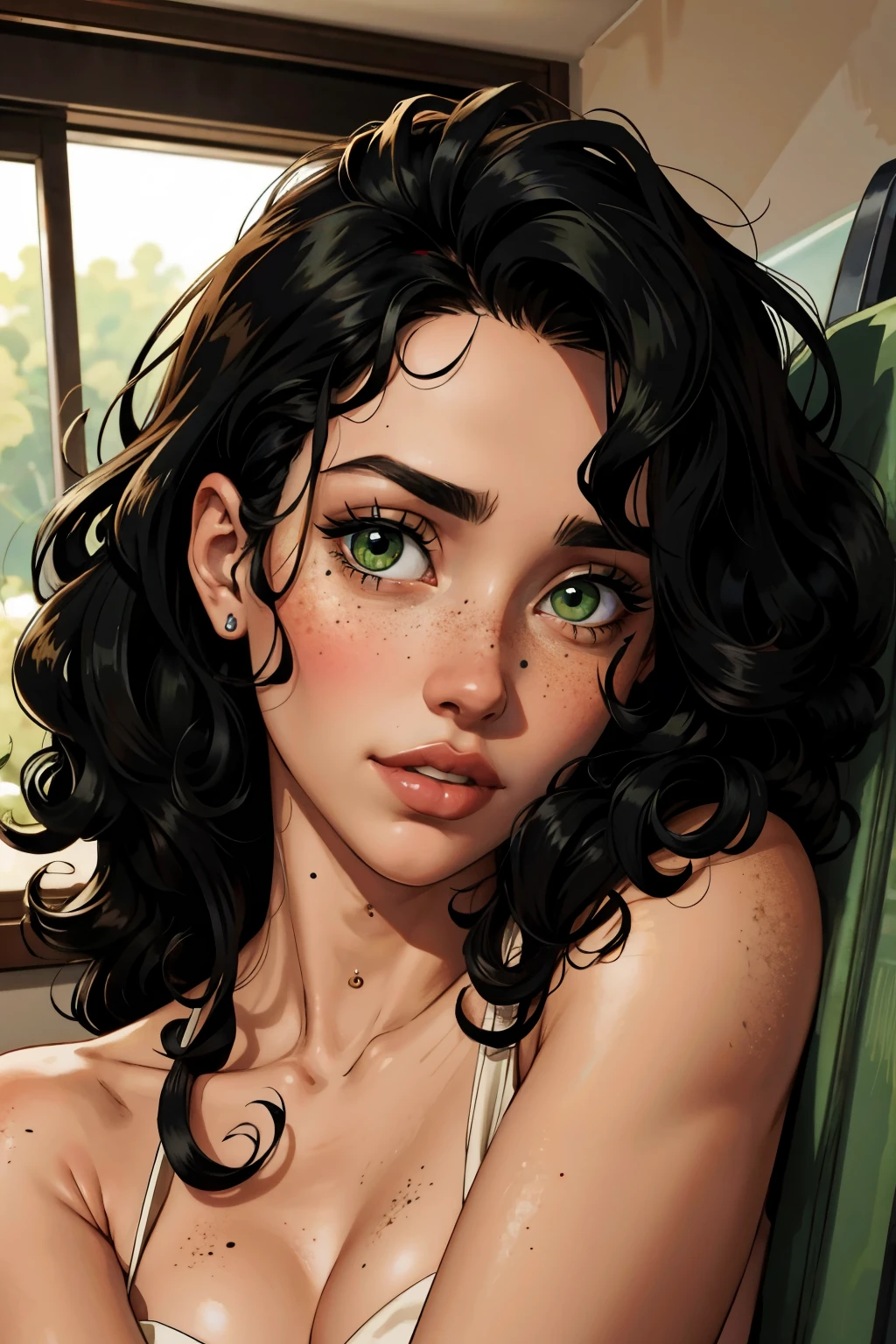 , black curly hair, green eyes, pecas, palid skin, retrato