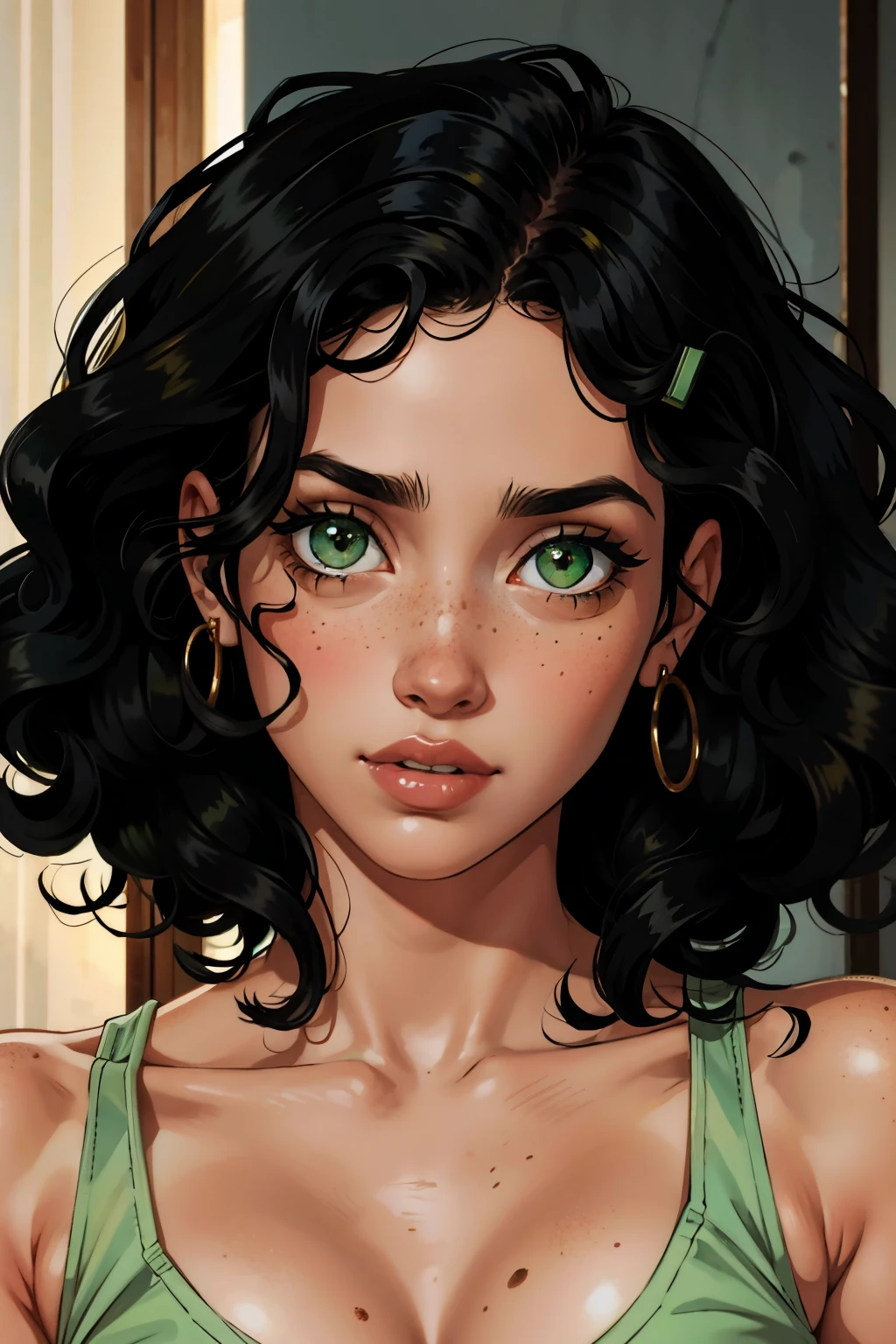 , black curly hair, green eyes, pecas, palid skin, retrato