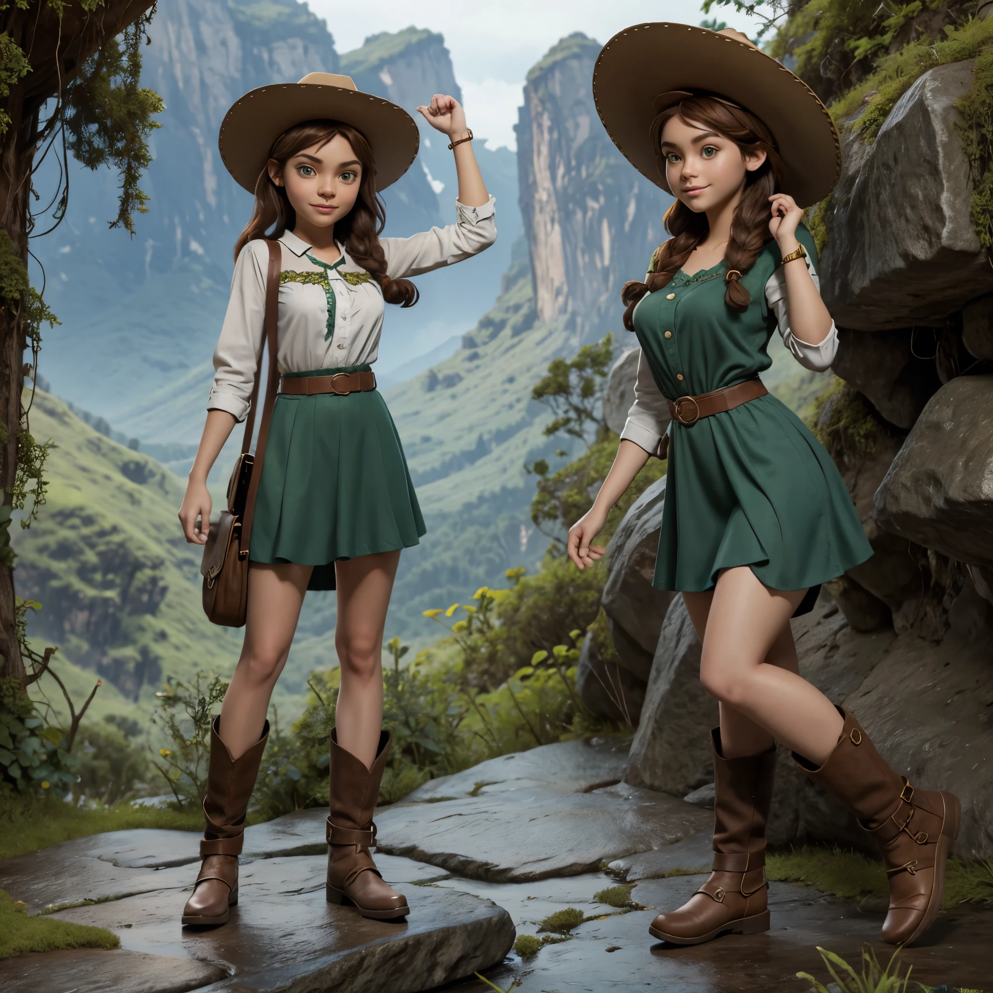 full body cartoon happy young girl character sketch with big green eyes and modestly dressed created based on the following key features: Character Design: Adventures teenage girl. Hairstyle: brown hair suggesting a focus on personal grooming. Clothing: The character dressed in Indiana Jones conservative outfit including the hat. The clothing choices help emphasize the character's passion for adventure. Background Elements: Rain forest, mountains far away. Posture and Accessories: The character's forward posture, confident, camera. Style: This style no shading, organic colors, drawn with pencil, lineart, different variations from sketches to finish drawing 