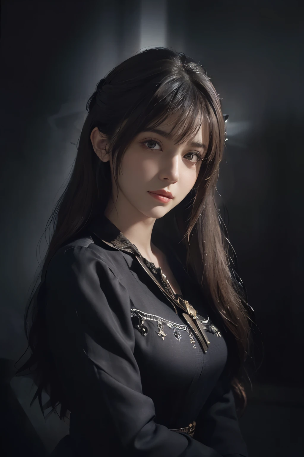 (front focus), (in the dark:1.6), Hyperrealist portrait of a woman by David Hockney and Alphonse Mucha, fantasy art, photo-realistic, dynamic lighting, art station, poster, volume lighting, highly detailed face, 4k, Awards, 1 girl, in the dark, deep shadow, discreet key, cowboy shot, (official attire:1.4), long hair, gray hair
