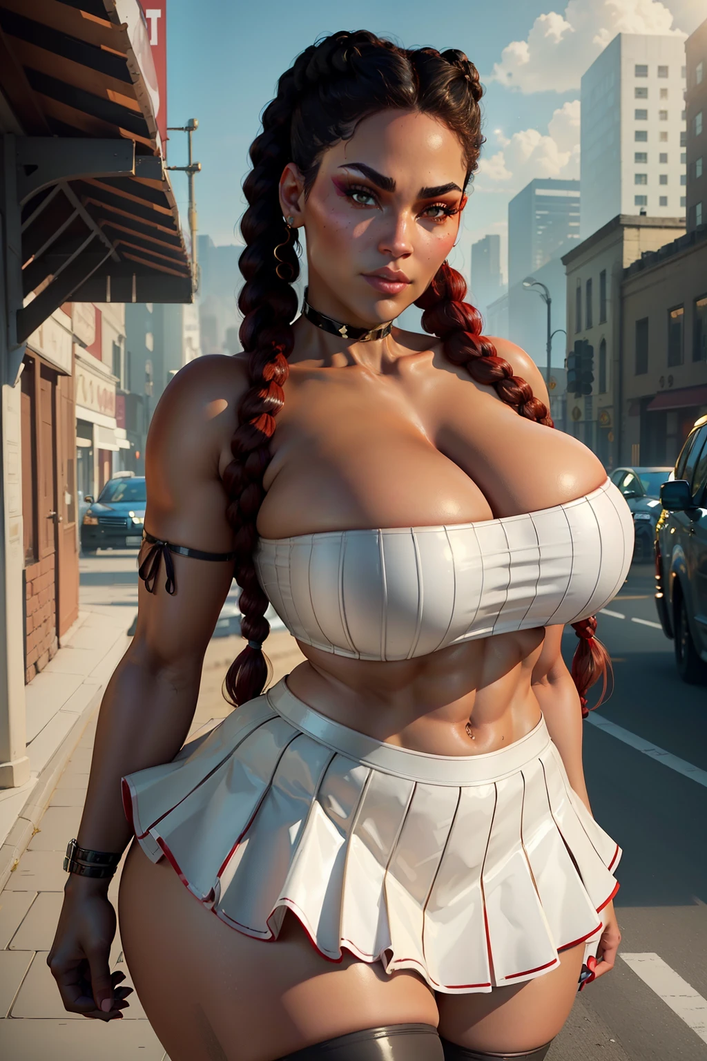 lewd, huge, curvy, thick body, oppai proportions, black hair, red hair, braids, arched eyebrows, glossy lips, wide hips, cleavage, perfect face, perfect eyes, ((black tube top)), underboob, ((white pleated skirt)), thighhighs, thick thighs, standing, outdoors, city street, shiny tanned skin, detailed face, detailed body, cowboy shot, makeup, looking at viewer, bare shoulders, ((black choker)), posing for picture