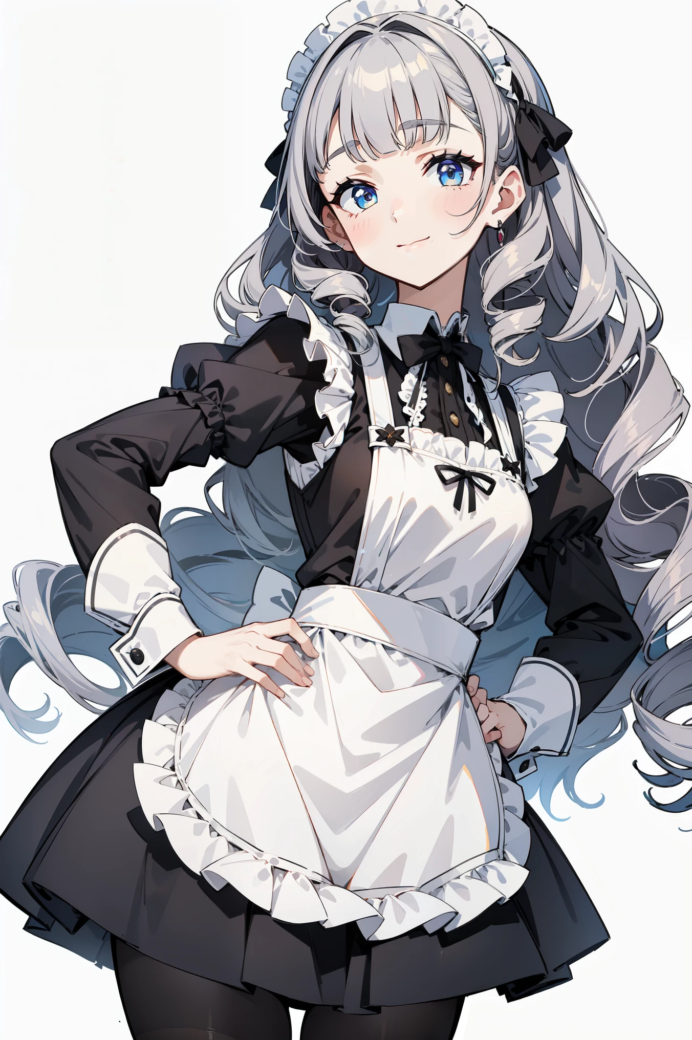 masterpiece, best quality, ultra high quality, 1girl, solo, young with long hair, curly hair, gray hair, blunt bangs, small breasts, neutral, kind smile, onee-chan, wearing a victorian white dress, maid, victorian dress, apron, leggings, black pantyhose, (upper body close up), standing, close-up, hands on hips, detailed hands, white background, simple background, 