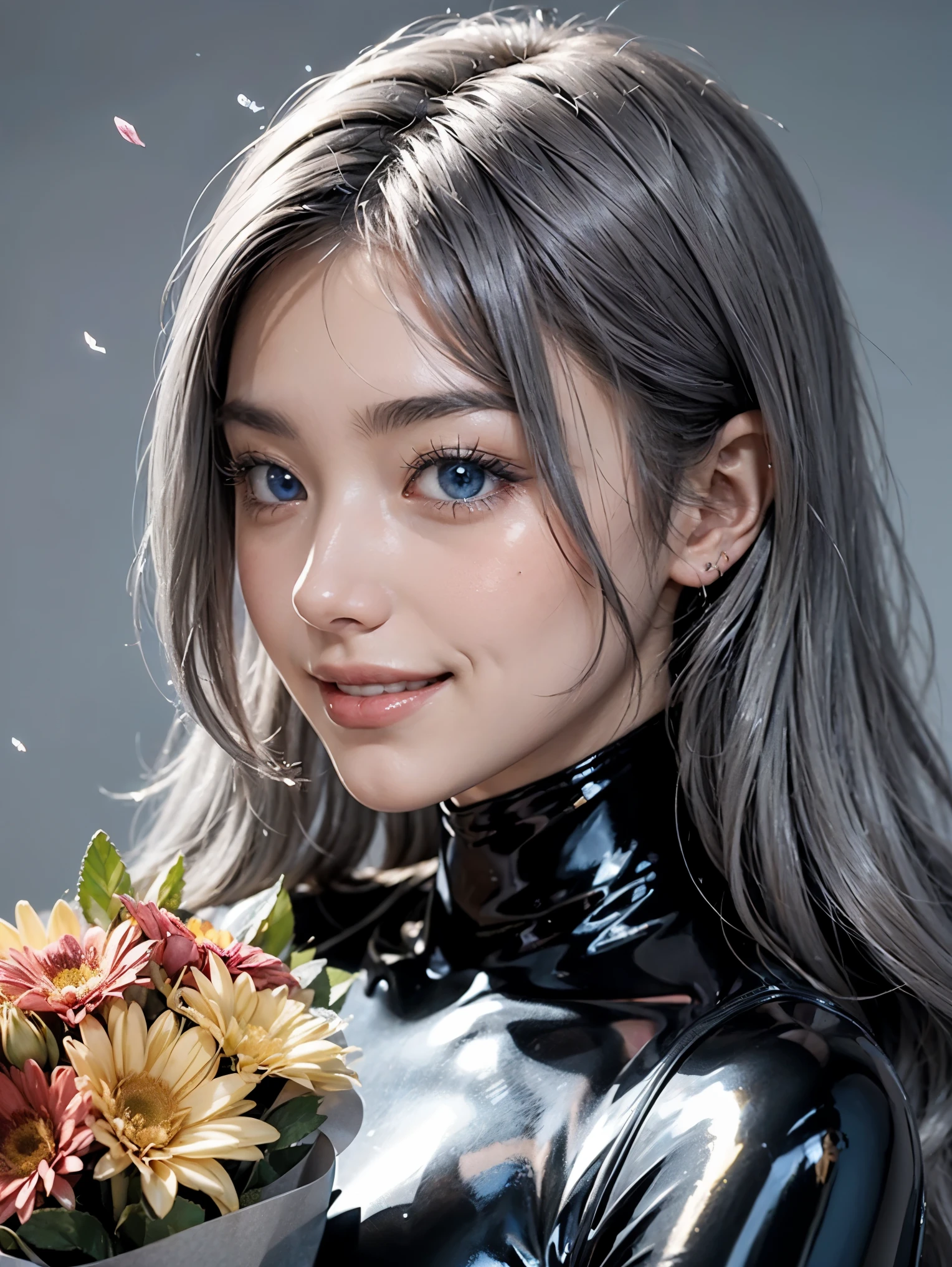 (anime:1.3), (face shot, fashion portrait:1.6), ultra detailed, beautiful, masterpiece, best quality, _ BREAK (1girl:1.2), 22 years old, 160 cm, Japanese cute model, Tightened all body, medium Breasts, small head, small face, diamond Face, small nose, Sharp Faceline, young hands and fingers, beautiful hands and fingers, five fingers, _ BREAK (Happy, smile, Glossy Lips:1.5), (Light color lips, Half open mouth, beautiful Teeth:1.2), (dropy eyes, Double eyelid, Blue eyes:1.3), _ BREAK (arranged hair:1.3), (gray hair:1.3), _ BREAK (gray background:1.4), blurry background, Fog, mist, front White lightning, _ BREAK (dynamic angle:1.7), (standing:1.6), (Hold a bouquet of flowers near face:1.6), (Metallic latex skinny bodysuit:1.5), (black Metallic Reflecting globe:1.4), Gloss, Reflecting, (face shot:1.3)