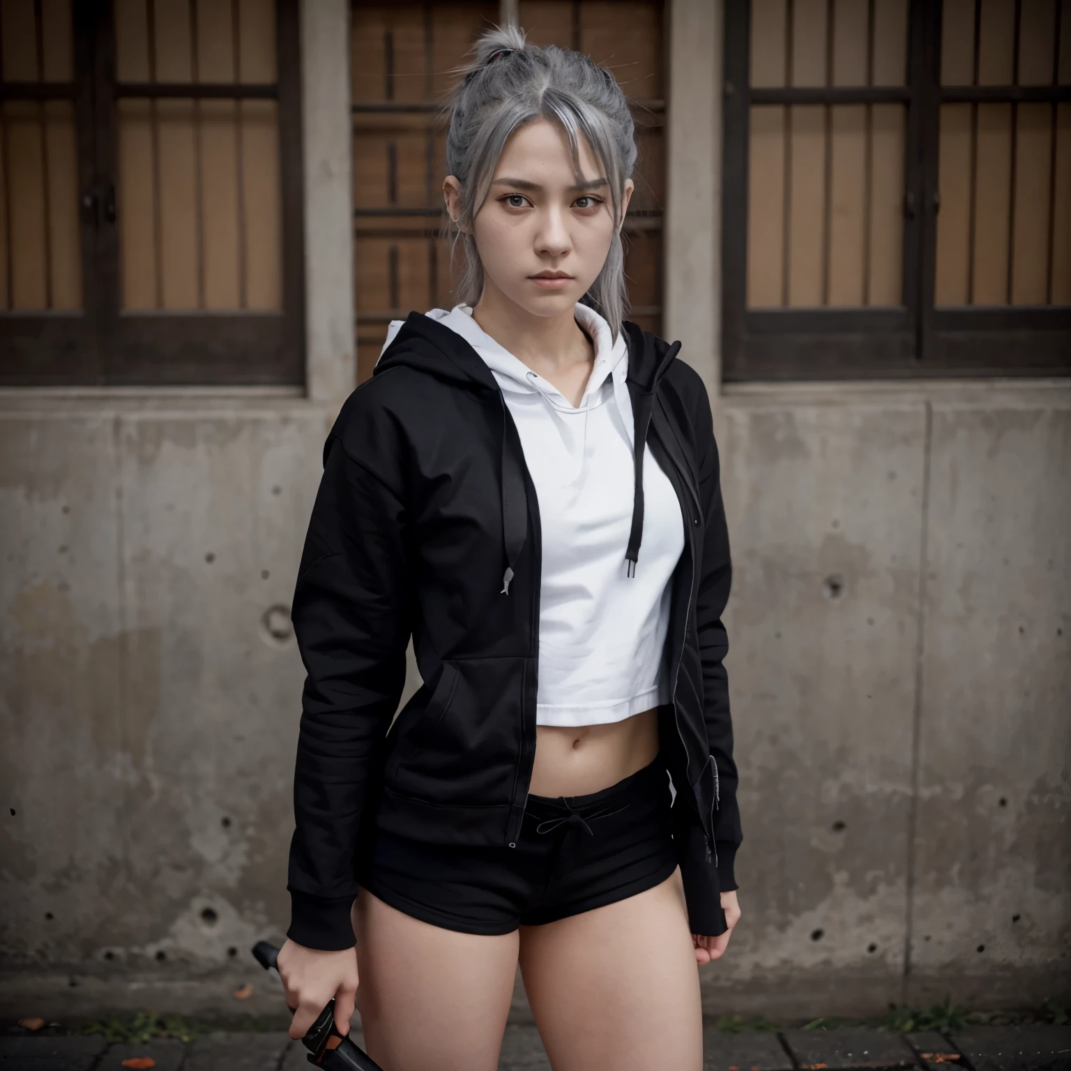 A jujutsu Kaisen anime character with gray hair and red eyes girl wearing a white hoodie with black shorts and a black katana