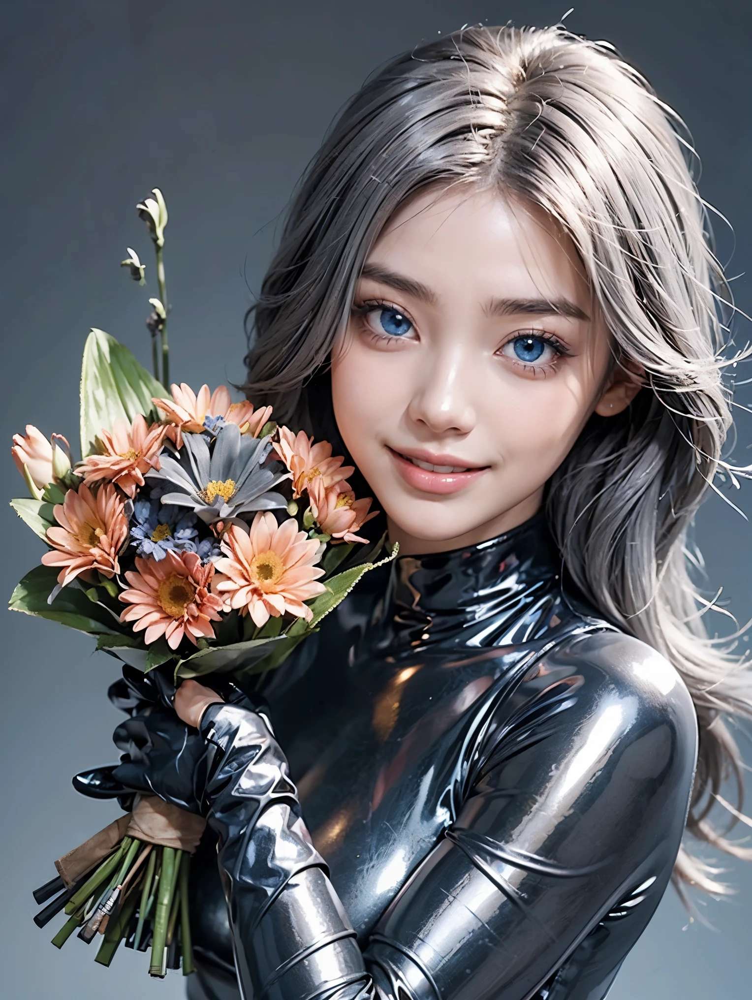 (anime:1.3), (face shot, fashion portrait:1.6), ultra detailed, beautiful, masterpiece, best quality, _ BREAK (1girl:1.2), 22 years old, 160 cm, Japanese cute model, Tightened all body, medium Breasts, small head, small face, diamond Face, small nose, Sharp Faceline, young hands and fingers, beautiful hands and fingers, five fingers, _ BREAK (Happy, smile, Glossy Lips:1.3), (Light color lips, Half open mouth, beautiful Teeth:1.2), (dropy eyes, Double eyelid, Blue eyes:1.3), _ BREAK (arranged hair:1.3), (gray hair:1.3), _ BREAK (gray background:1.4), blurry background, Fog, mist, front White lightning, _ BREAK (dynamic angle:1.7), (standing:1.6), (Hold a bouquet of flowers near face:1.6), (Metallic latex skinny bodysuit:1.5), (black Metallic Reflecting globe:1.4), Gloss, Reflecting, (face shot:1.3)