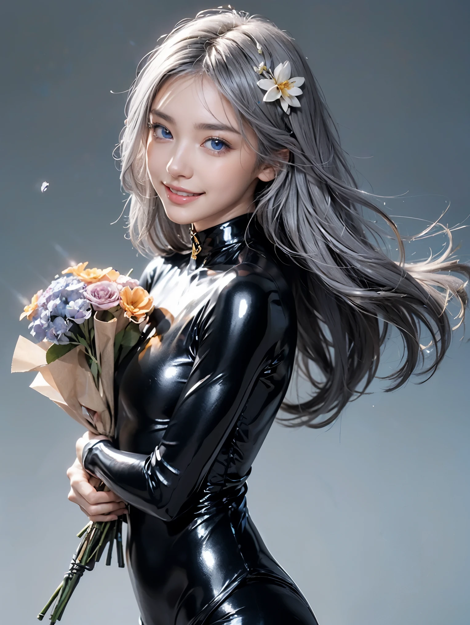 (anime:1.3), (face shot, fashion portrait:1.6), ultra detailed, beautiful, masterpiece, best quality, _ BREAK (1girl:1.2), 22 years old, 160 cm, Japanese cute model, Tightened all body, medium Breasts, small head, small face, diamond Face, small nose, Sharp Faceline, young hands and fingers, beautiful hands and fingers, five fingers, _ BREAK (Happy, smile, Glossy Lips:1.3), (Light color lips, Half open mouth, beautiful Teeth:1.2), (dropy eyes, Double eyelid, Blue eyes:1.3), _ BREAK (arranged hair:1.3), (gray hair:1.3), _ BREAK (gray background:1.4), blurry background, Fog, mist, front White lightning, _ BREAK (random angle:1.7), (standing:1.6), (Hold a bouquet of flowers near face:1.6), (Metallic latex skinny bodysuit:1.5), (black Metallic Reflecting globe:1.4), Gloss, Reflecting, (face shot:1.3)