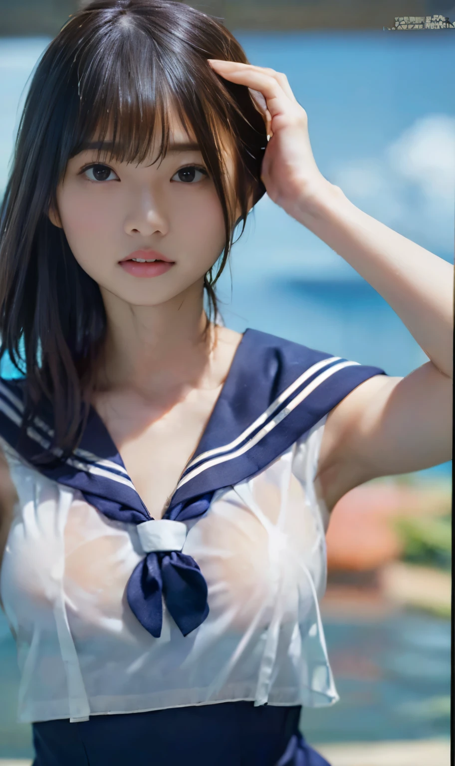 ((highest quality、master piece:1.3))、201 girl、Beautiful girl emphasizing slender abs:1.3、((casual hairstyle、huge breasts:1.2、constricted waist、Sheer nipples、See-through clothing))、Wet string clothes:1.2、super detailed face、detailed eyes、double eyelid、naked、full body portrait、sexy sailor suit、((bend one's body、naked)、wet body、((short bob cut、naked、Hide the pubic area with your hands、tropical resort、Beautiful woman、See-through sailor suit))、Hide the pubic area with a string、Beautiful woman
