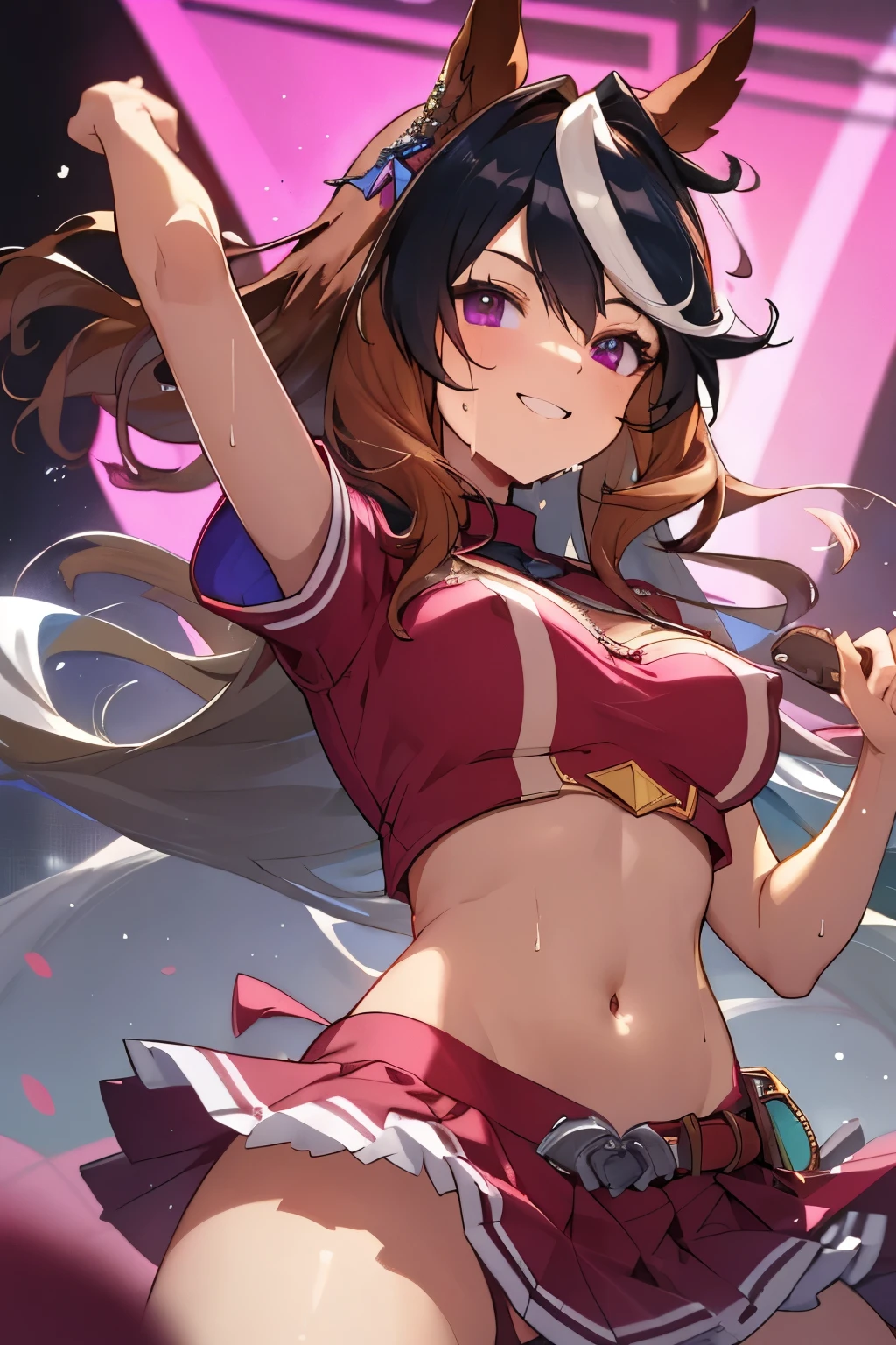 sexy dance show,Symboli Rudolf,Umamusume,Ultra-detailed face,top-quality,Smile,Live Stage,see through Stage costumes,(Horse tail),sing a song,ultra miniskirt,navel,micro panties,clearvage,erected nipples,sweat,from below,spread legs