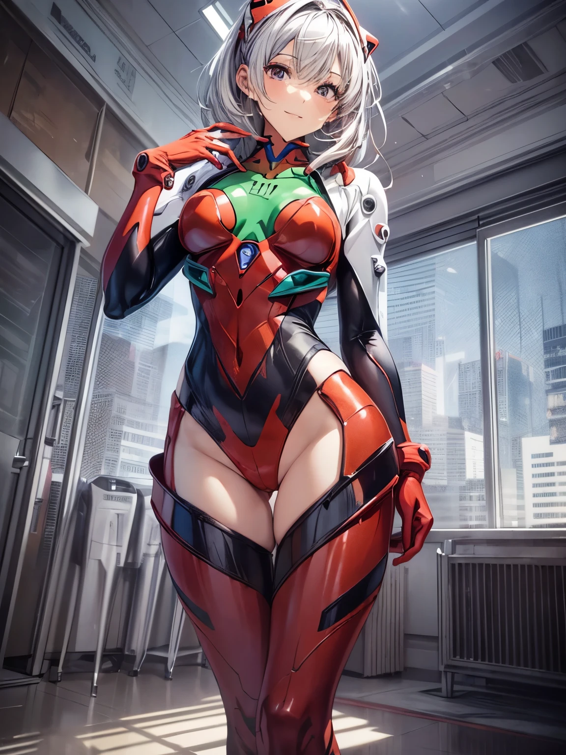 highest quality、All limbs、full finger、1 girl、((one beautiful woman、solo))、silver haired woman、Shoulder-length medium hair、straight hair、big breasted woman、big smile、naughty pose、((Red full body Evangelion plug suit with no exposed skin:1.2))、sexy pose